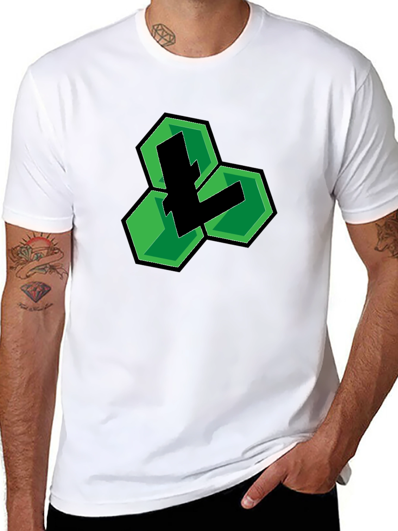 Black T-Shirt with Green Hexagon Logo