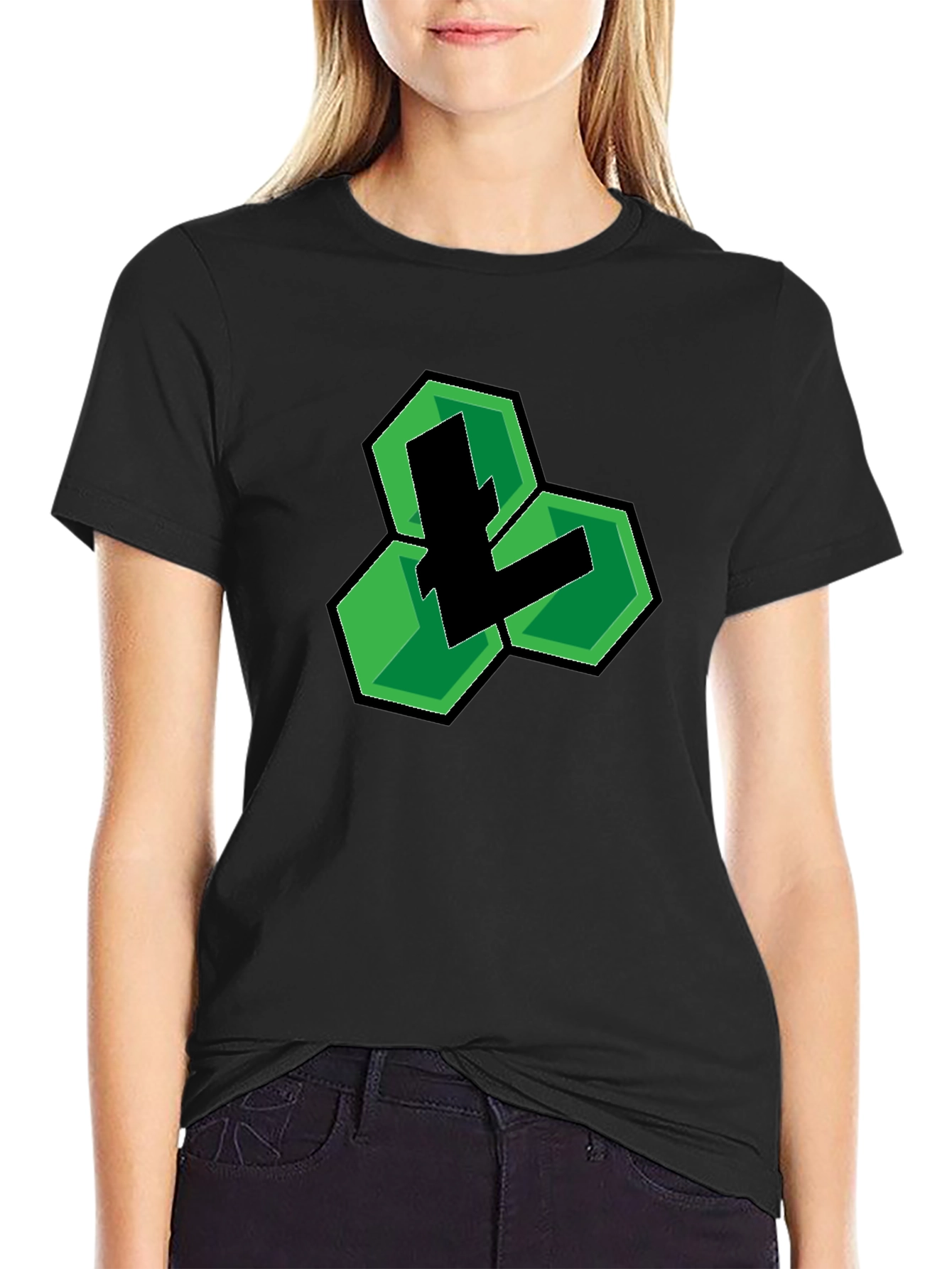 Black T-Shirt with Green Hexagon Logo