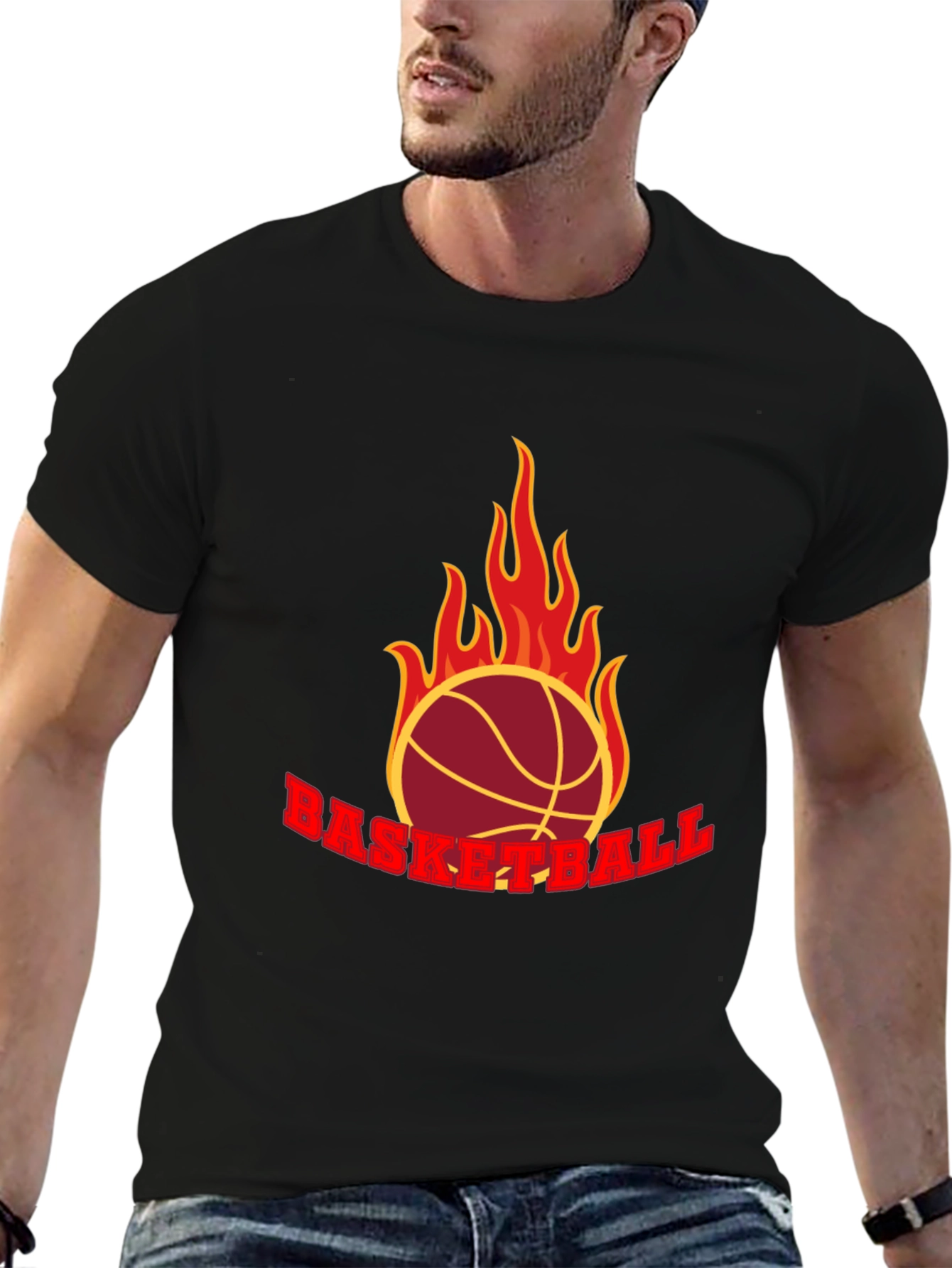 Flaming Basketball Graphic T-Shirt - Black