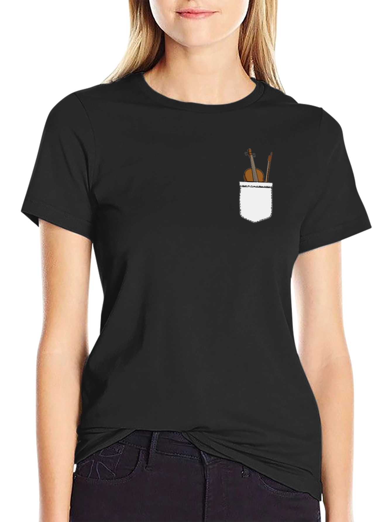 Violin Pocket Print Black T-Shirt