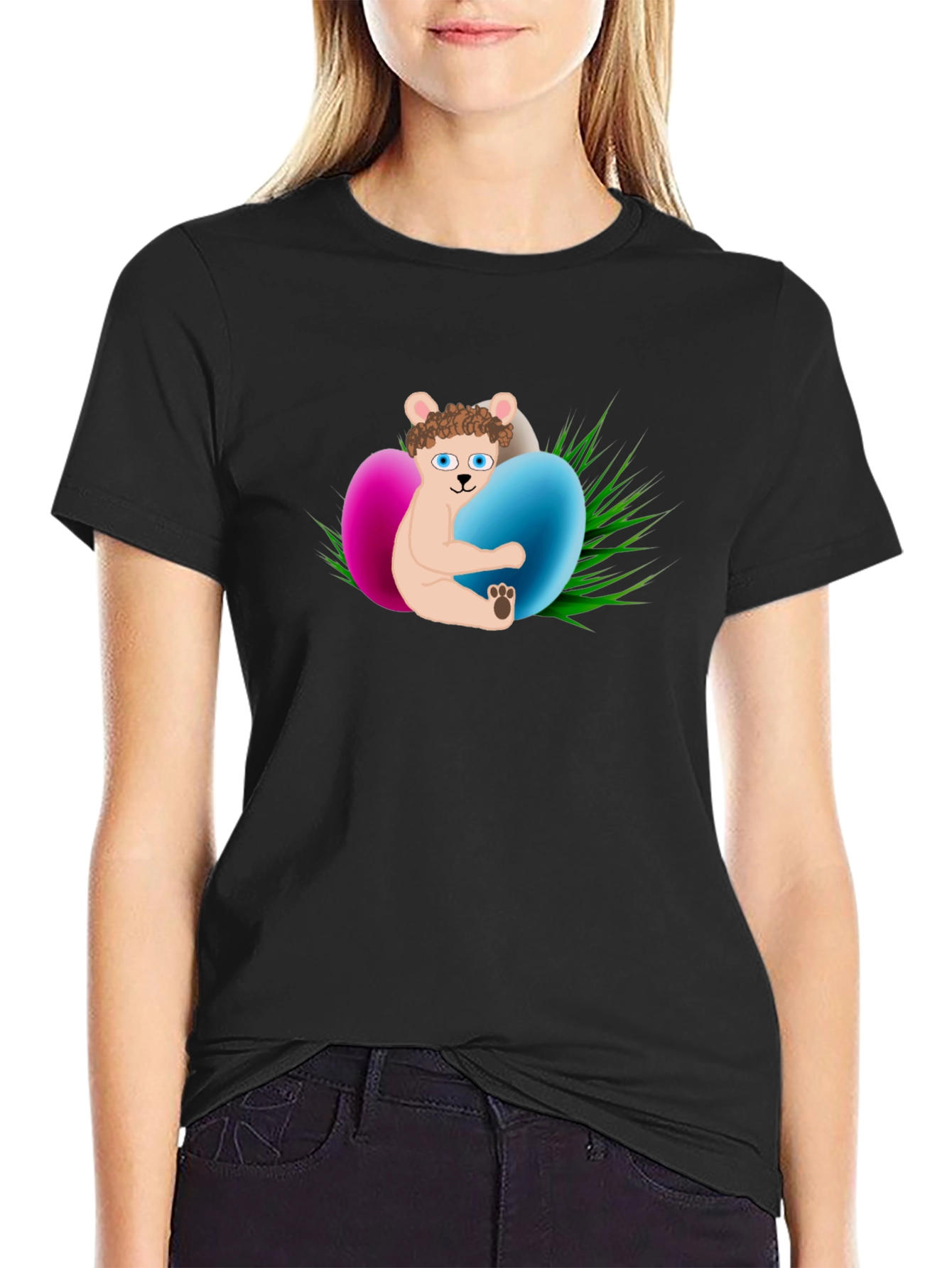 Easter Bear Hugs Eggs Black T-Shirt