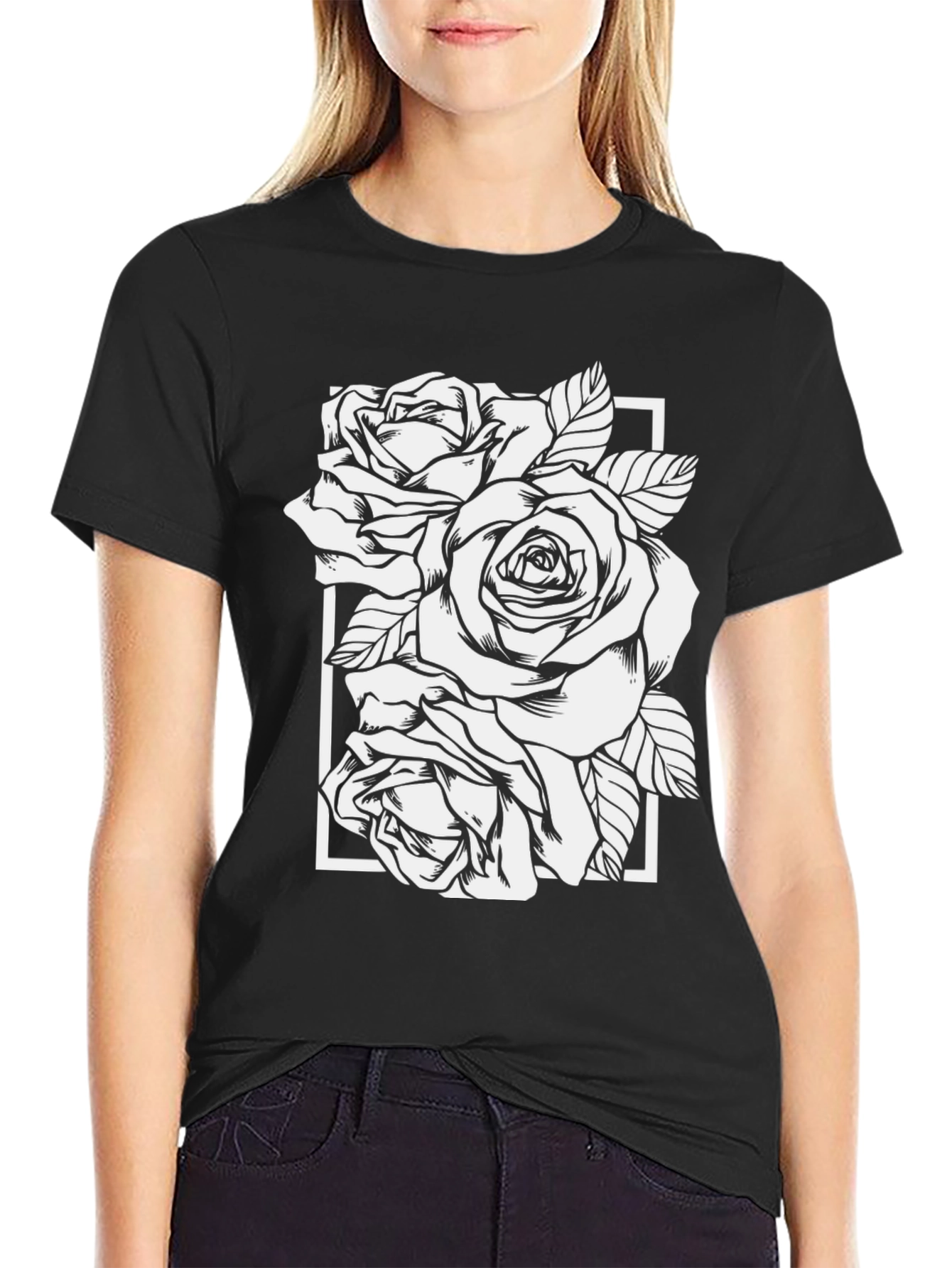 Black Rose Graphic Tee - Modern Floral Design
