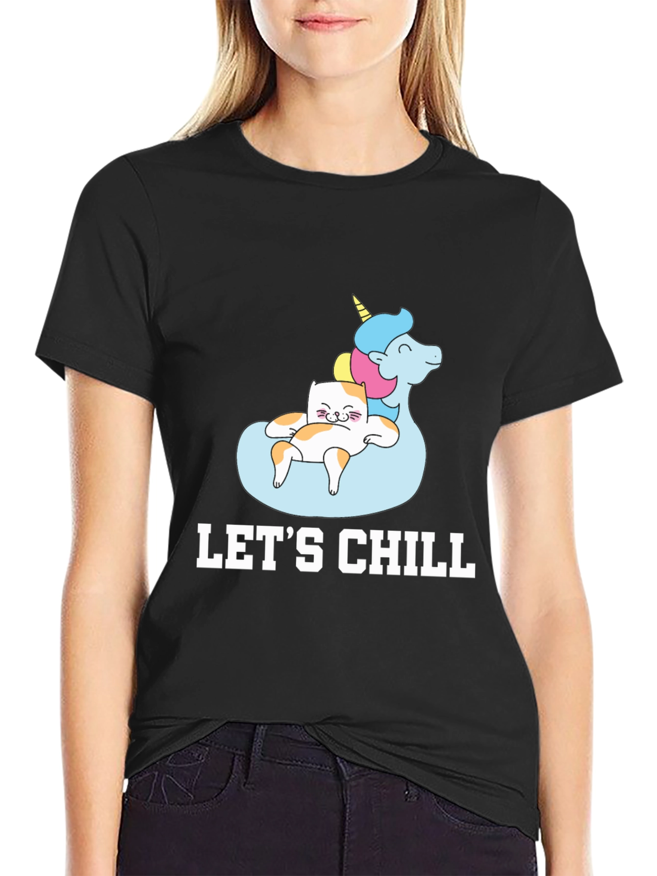 Lets Chill Cat Unicorn Black T-Shirt
