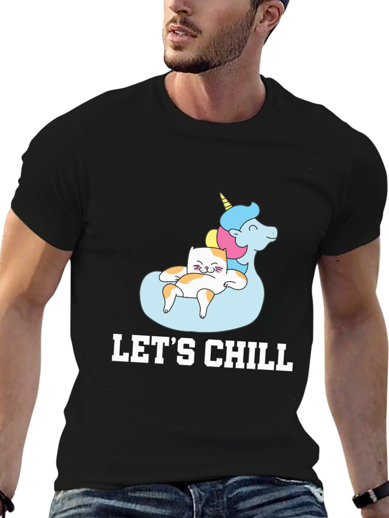 Lets Chill Cat Unicorn Black T-Shirt