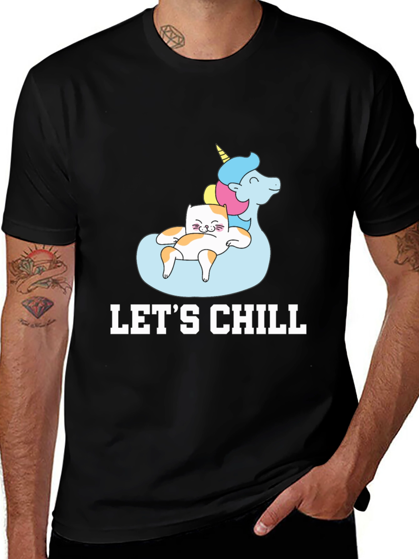 Lets Chill Cat Unicorn Black T-Shirt
