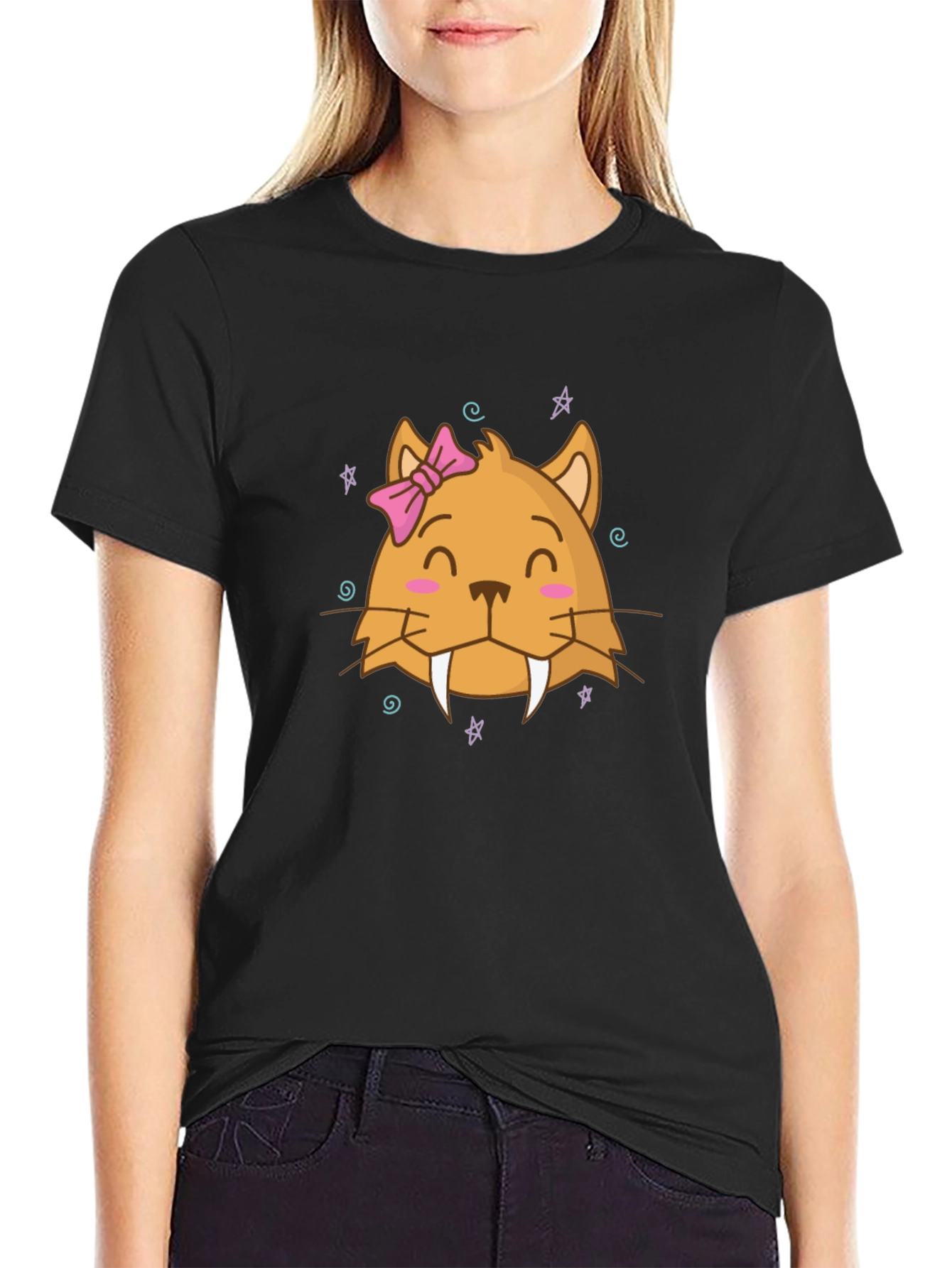 Cute Cartoon Cat T-Shirt - Black