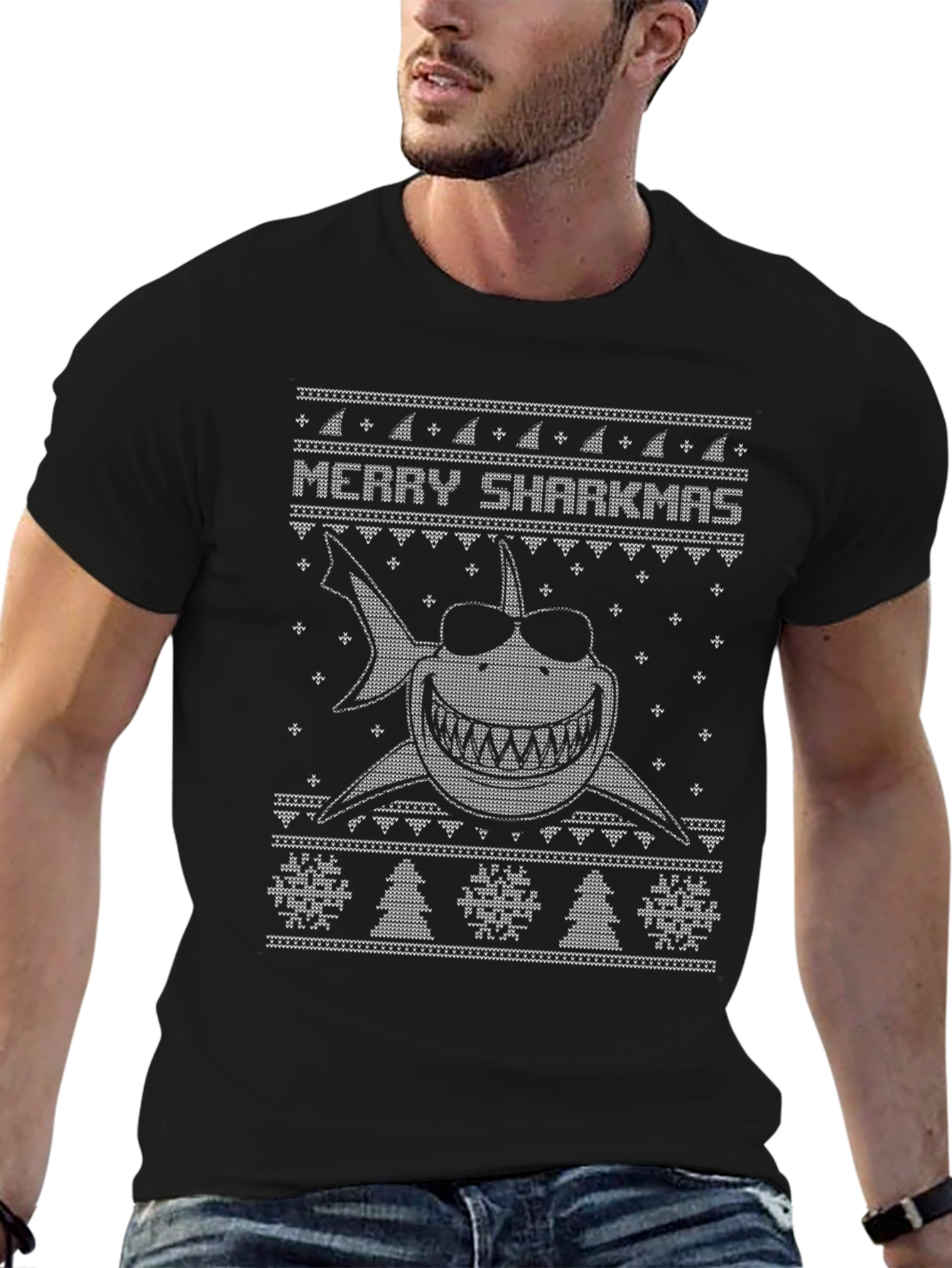 Merry Sharkmas Ugly Christmas Sweater Style T-Shirt