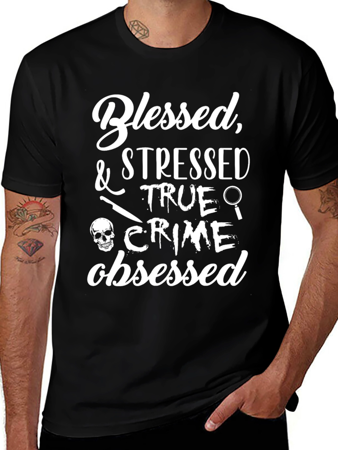 Blessed Stressed True Crime Obsessed Black Graphic T-Shirt