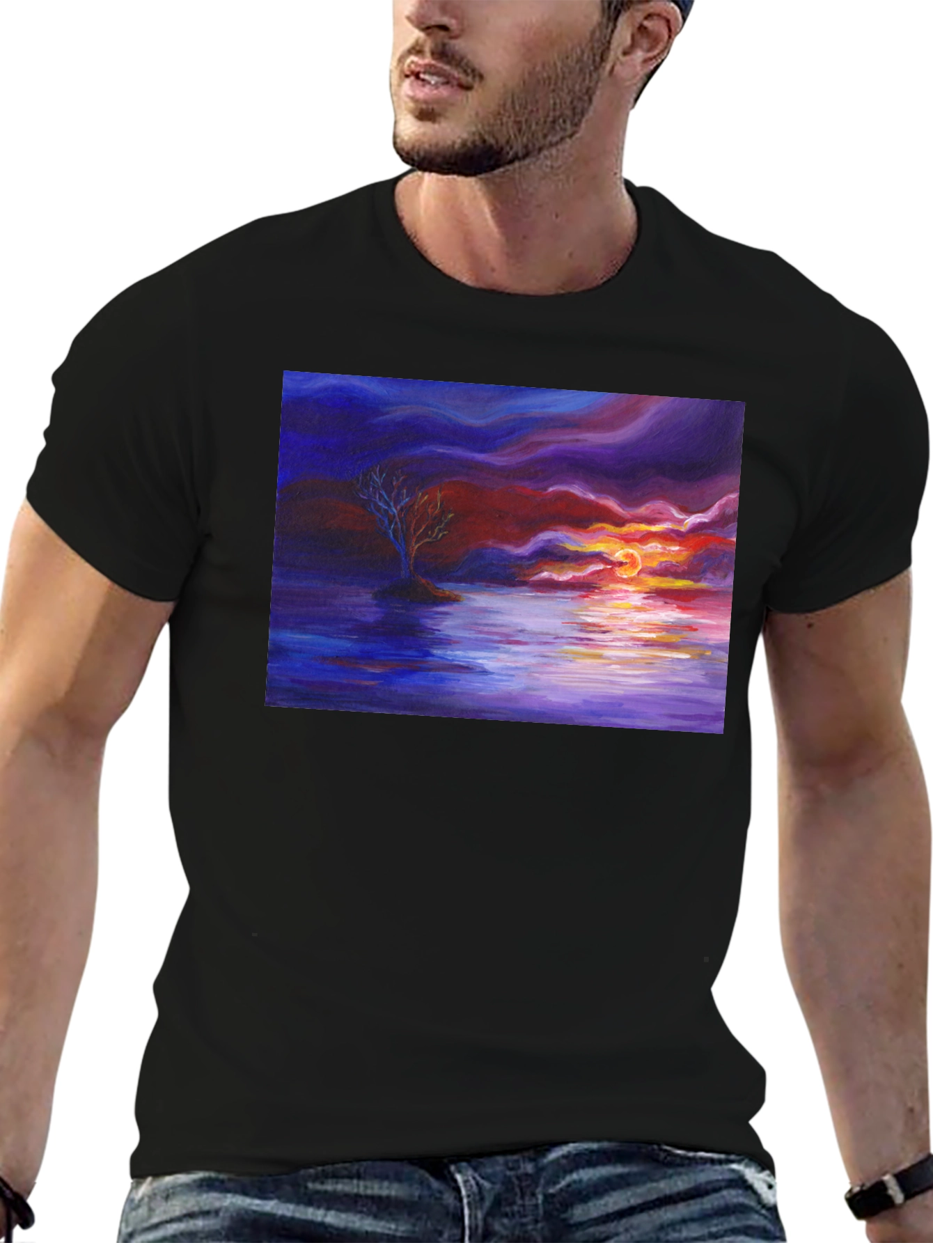Sunset Seascape Graphic Tee - Artistic Black T-Shirt