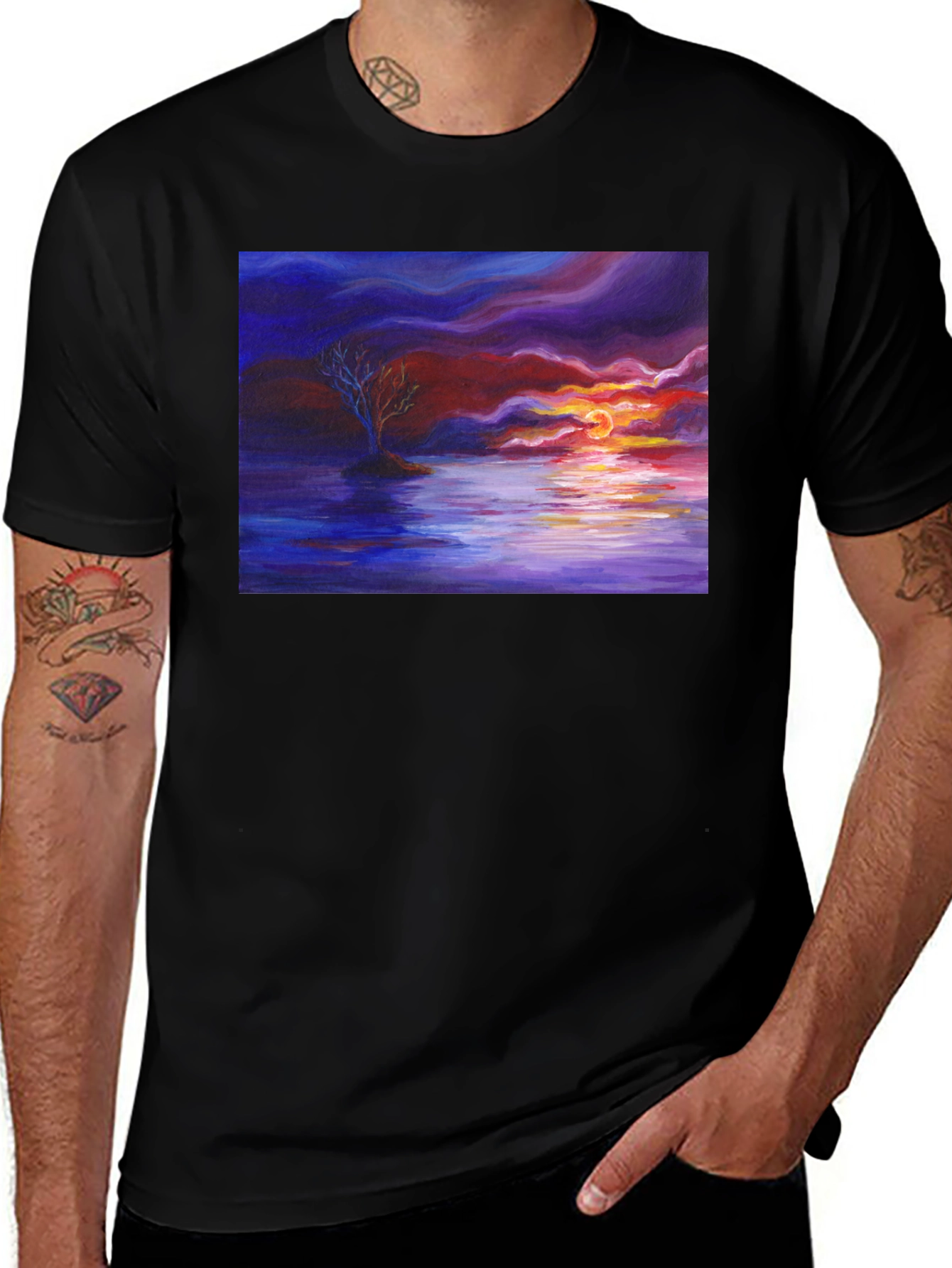 Sunset Seascape Graphic Tee - Artistic Black T-Shirt