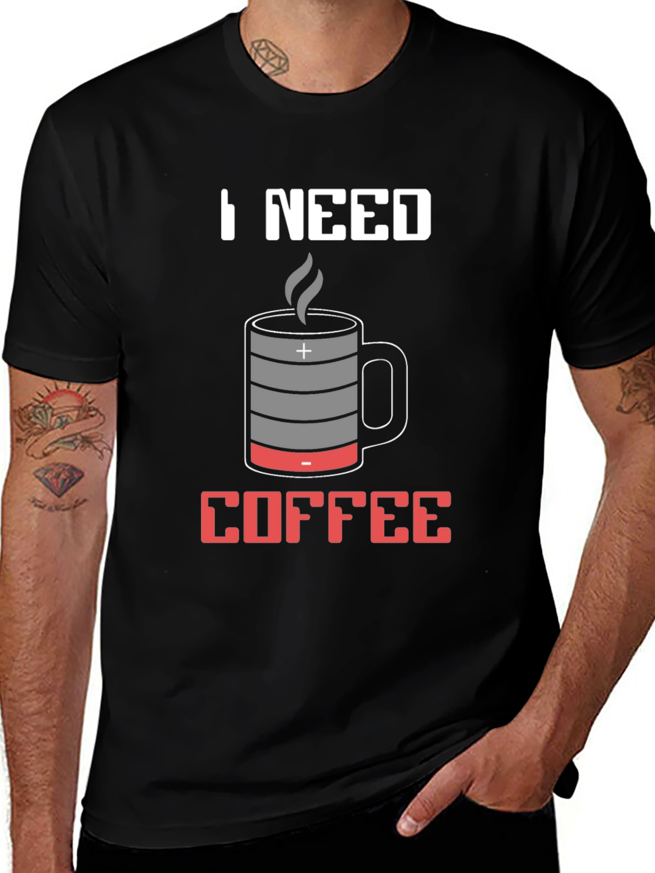 I Need Coffee T-Shirt - Battery Mug Design