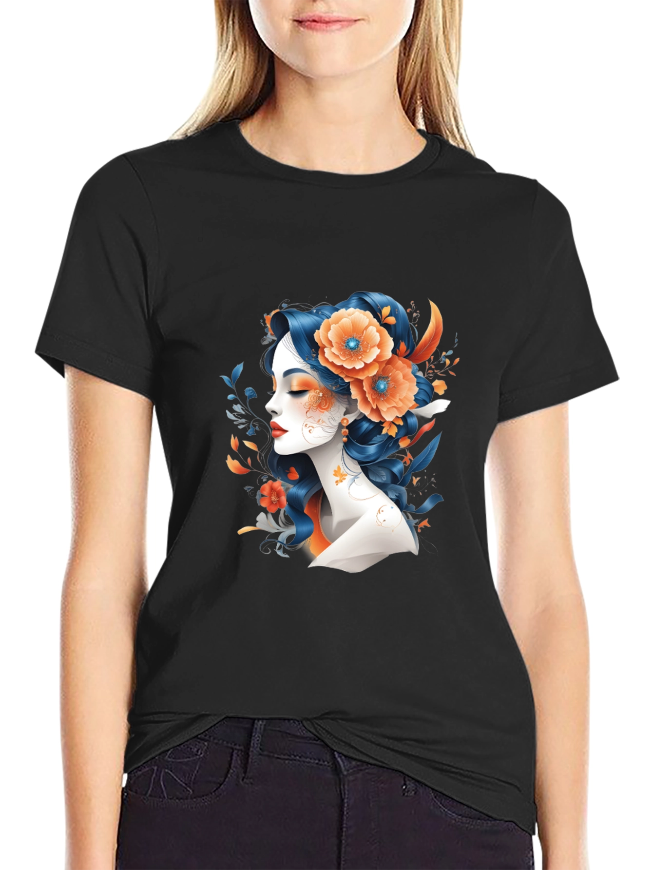 Floral Woman Graphic Tee - Black T-Shirt