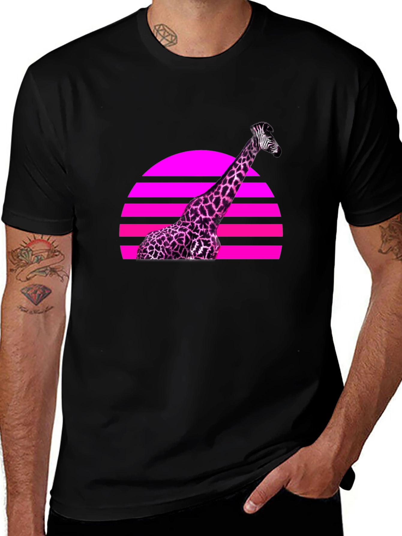 Retro Giraffe Sunset Graphic Tee - Black