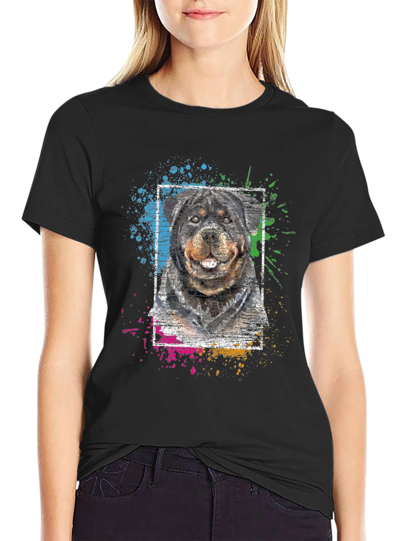 Rottweiler Dog Graphic Print Black T-Shirt