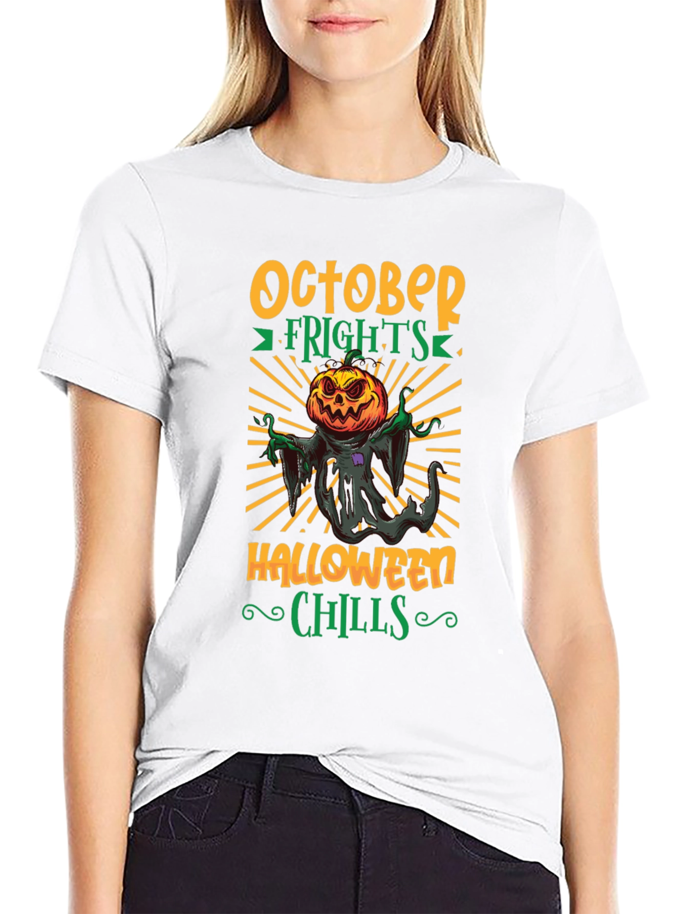 October Frights Halloween Chills Black Graphic Tee