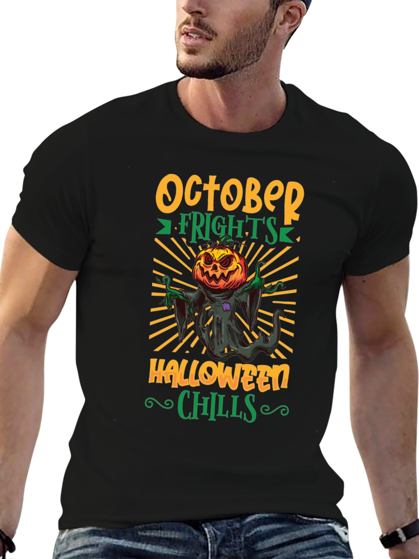 October Frights Halloween Chills Black Graphic Tee
