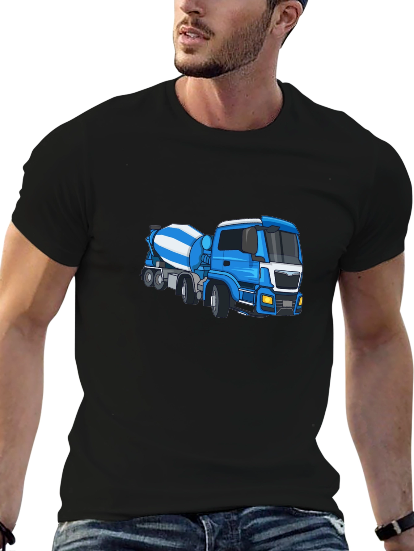 Black Tee with Blue Cement Mixer Truck Graphic
