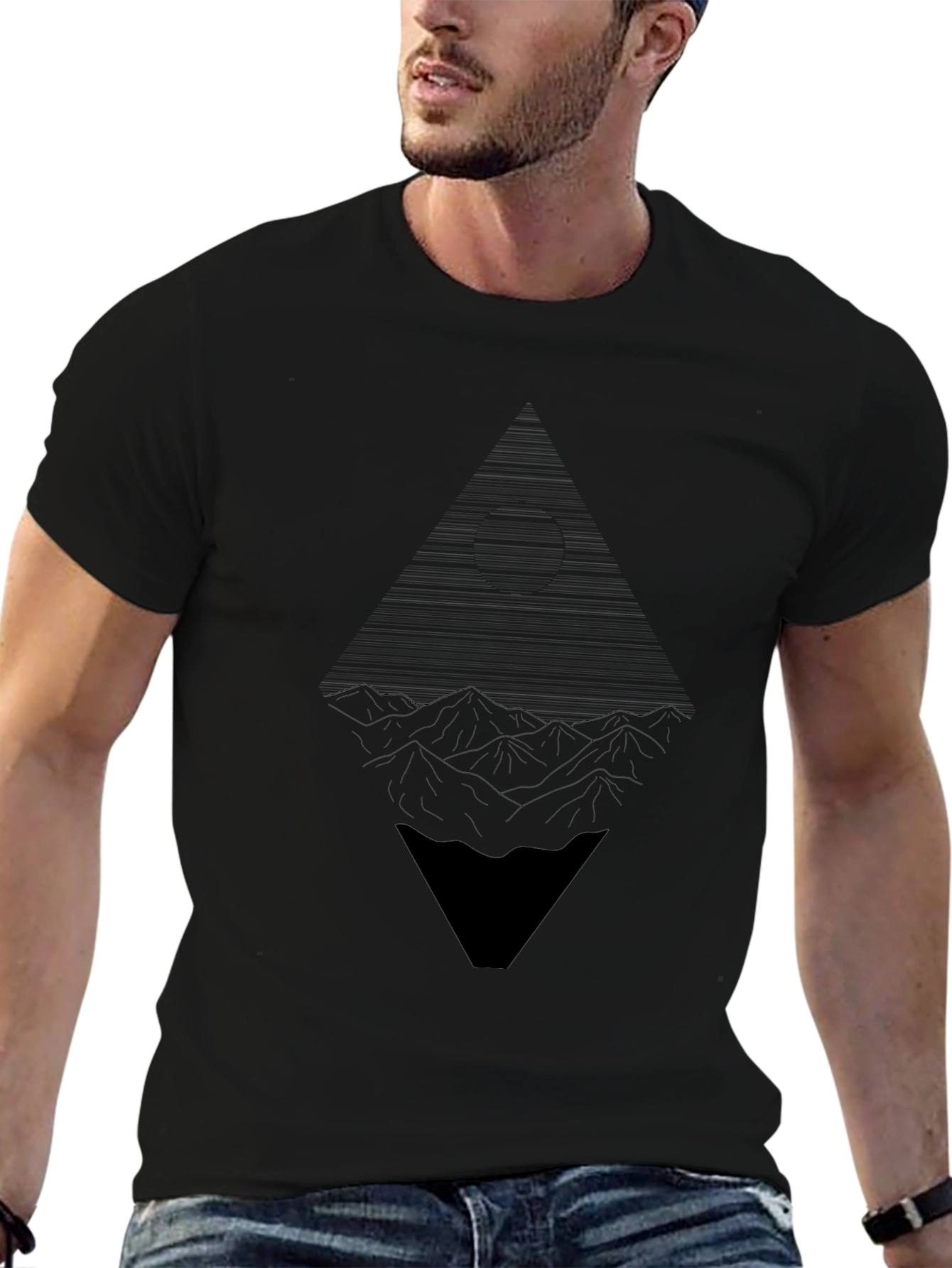Abstract Geometric Mountain Graphic Tee - Black