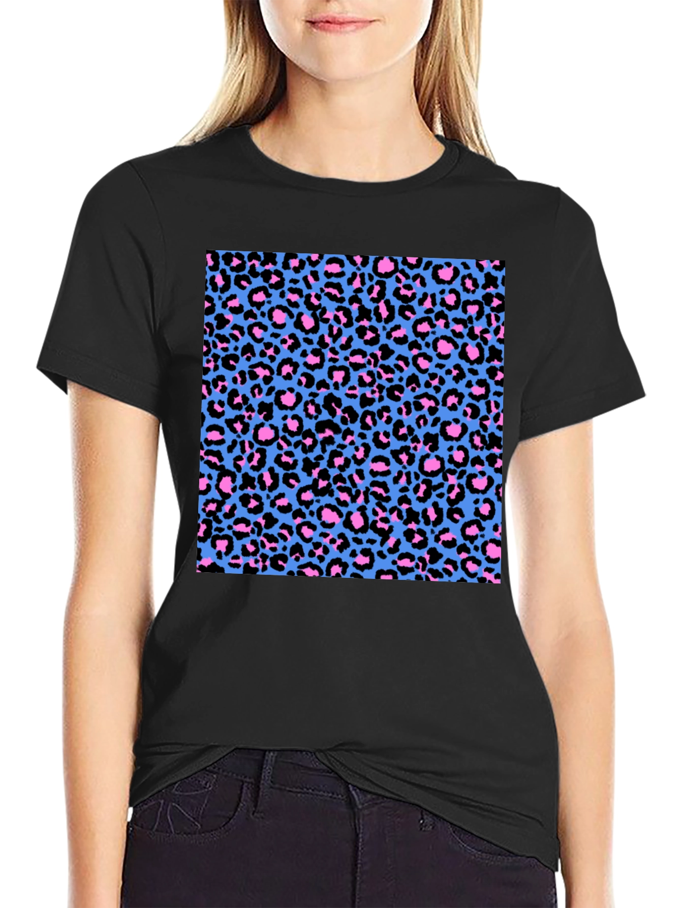 Leopard Print Tee - Black with Bright Pattern