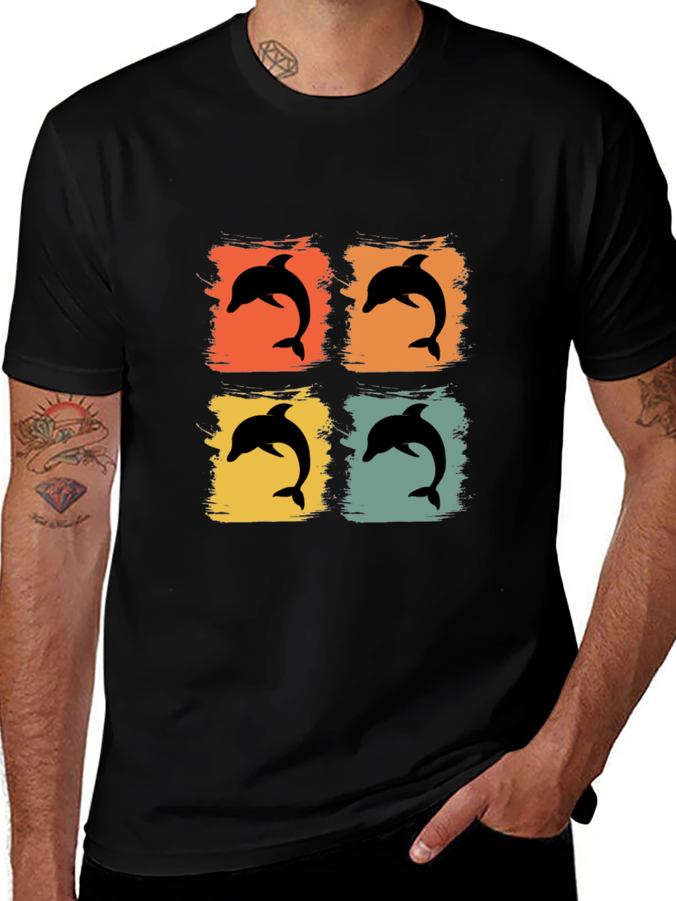 Retro Dolphin Pop Art Graphic Tee - Black