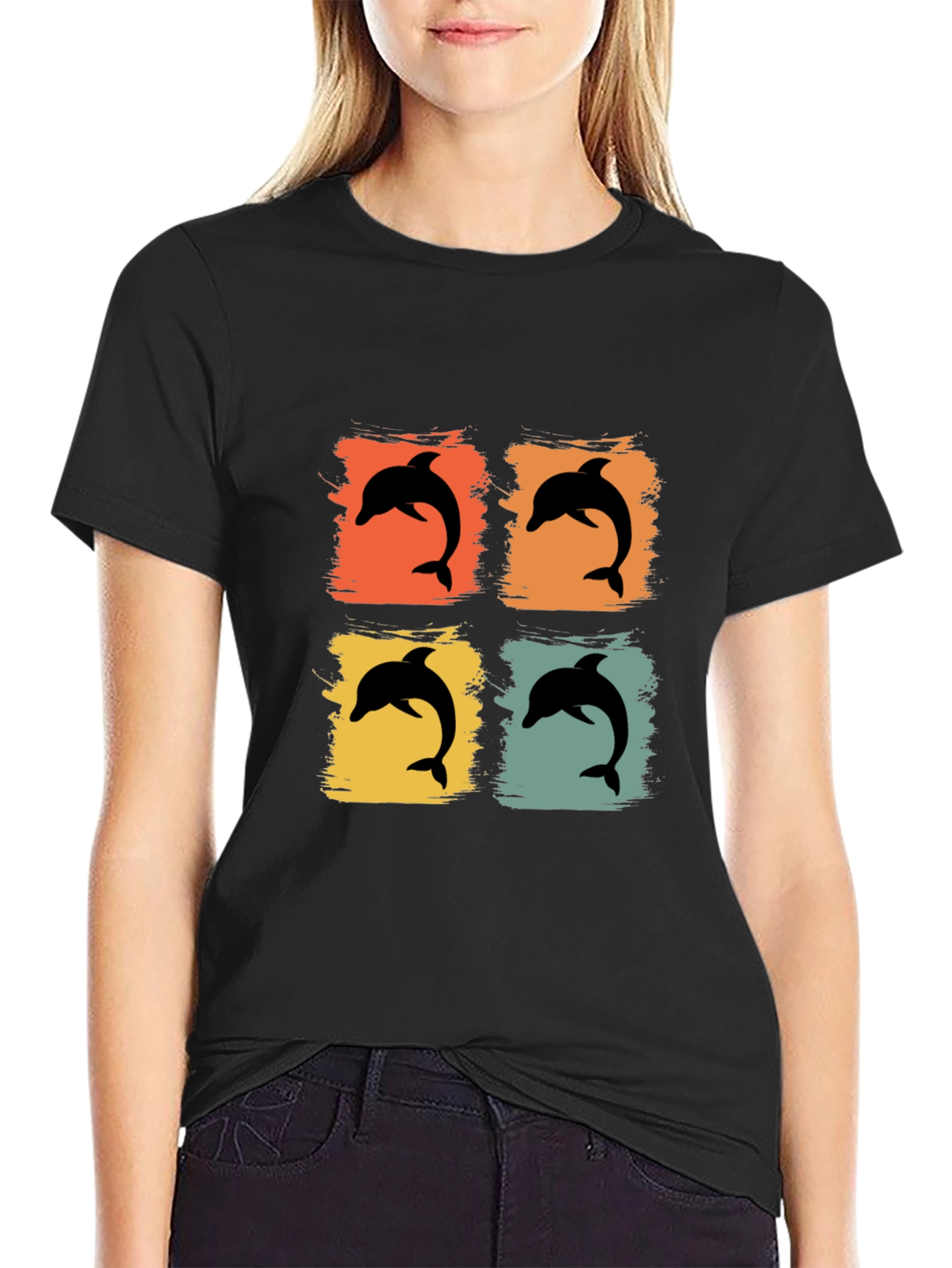 Retro Dolphin Pop Art Graphic Tee - Black