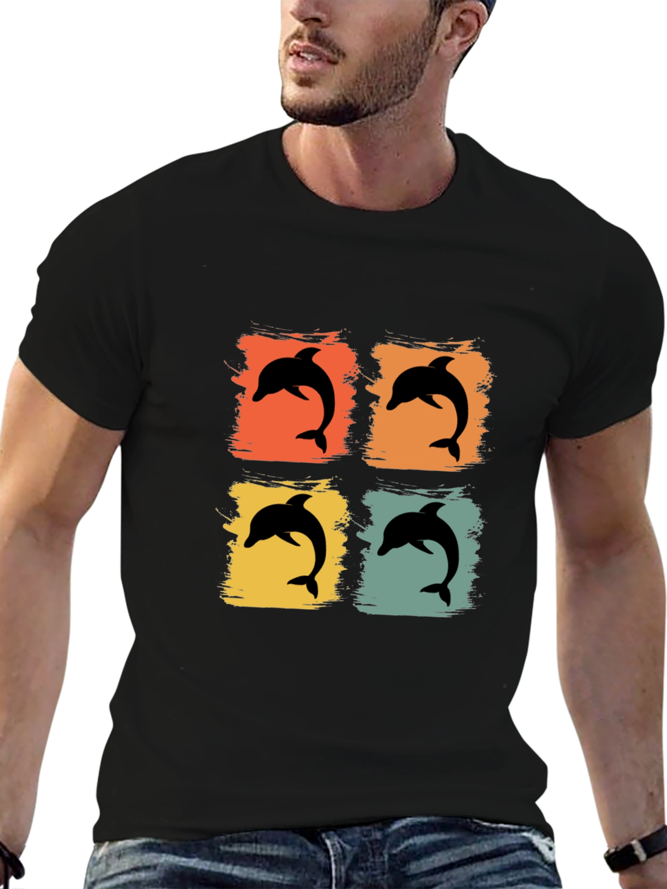Retro Dolphin Pop Art Graphic Tee - Black
