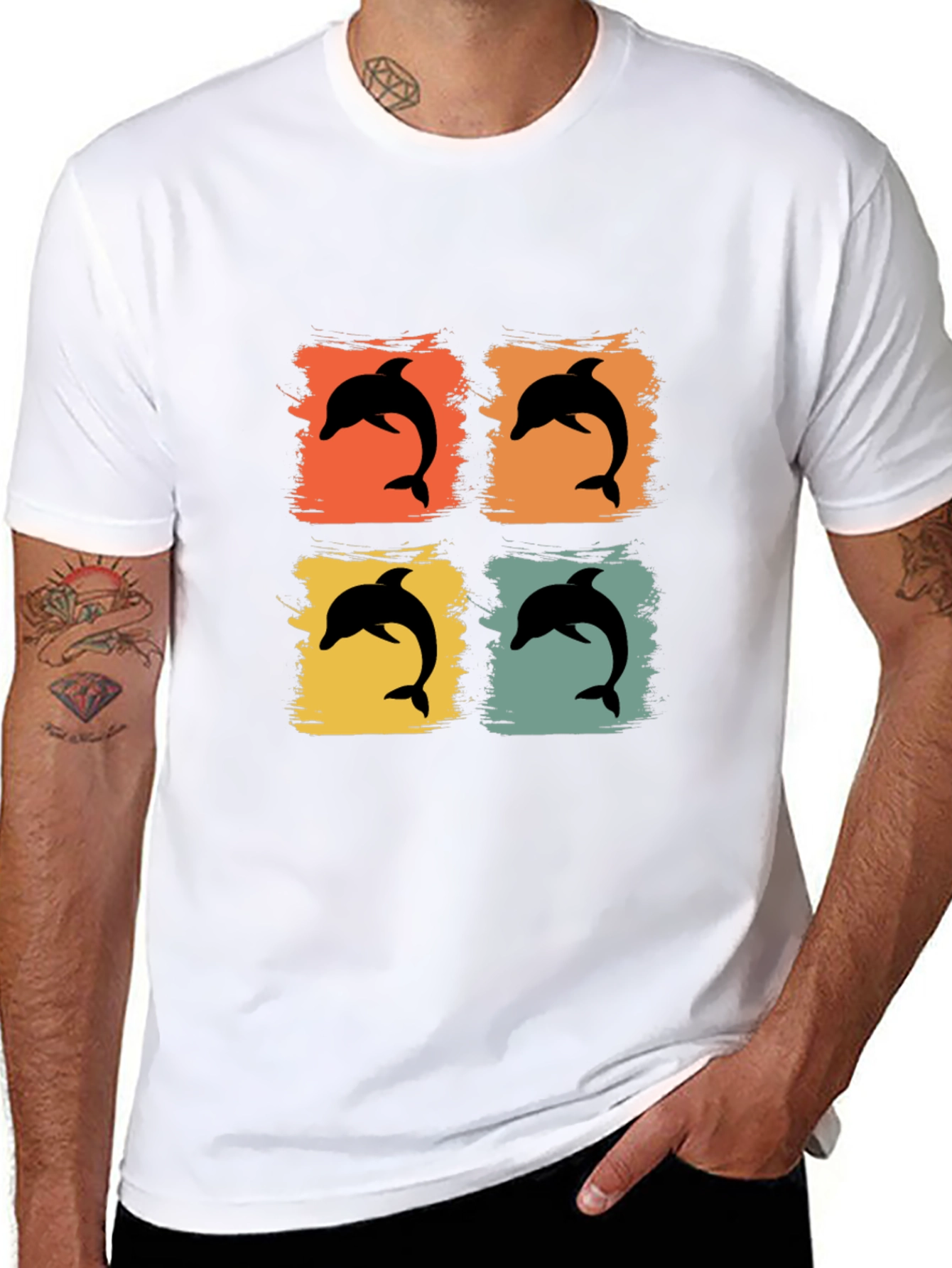 Retro Dolphin Pop Art Graphic Tee - Black