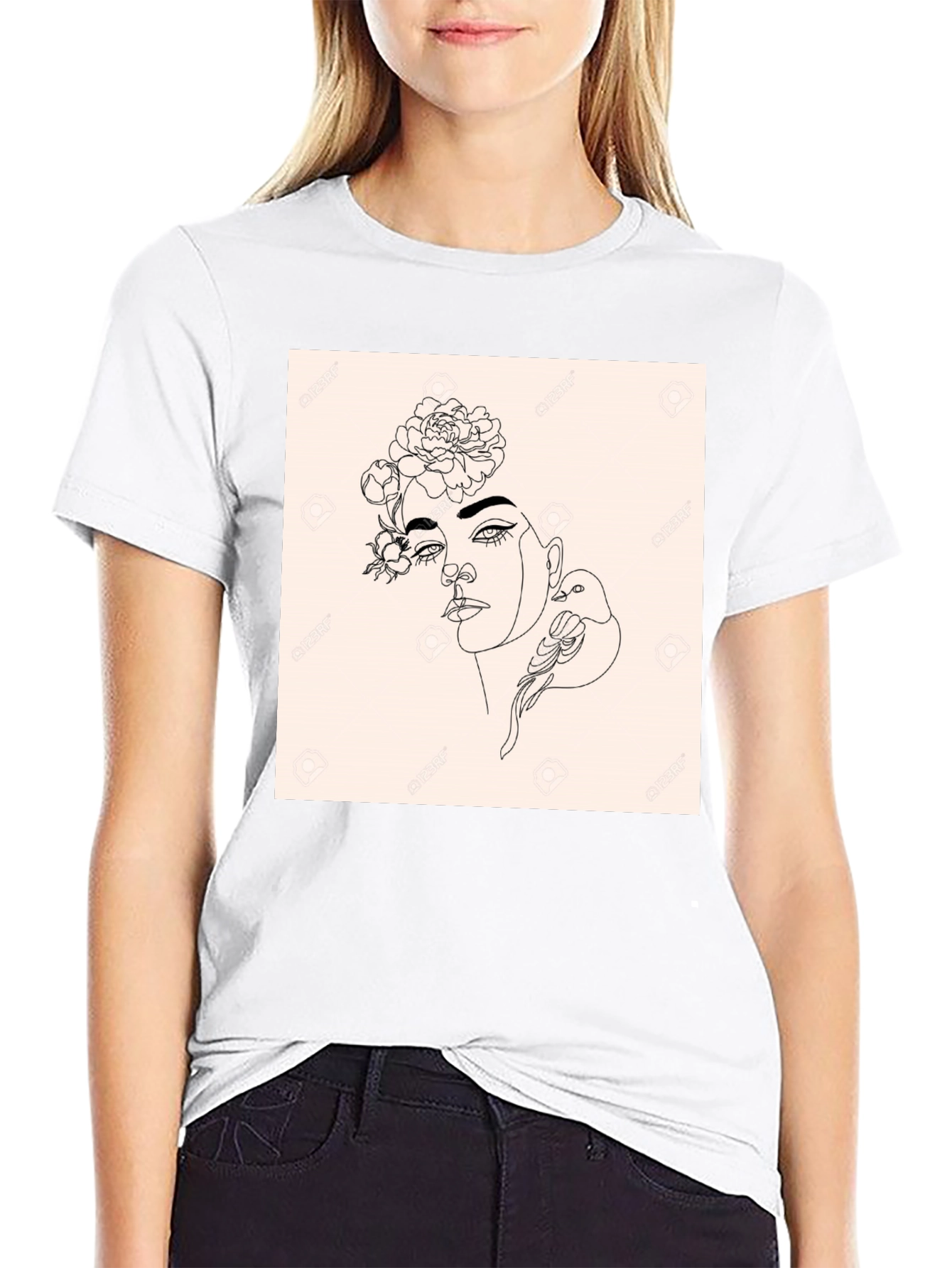 Minimalist Woman & Bird Graphic Black T-Shirt