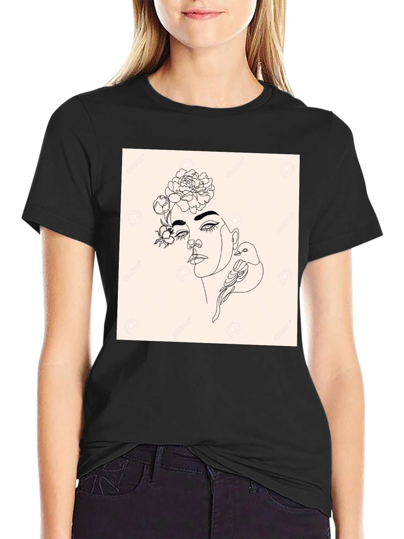 Minimalist Woman & Bird Graphic Black T-Shirt