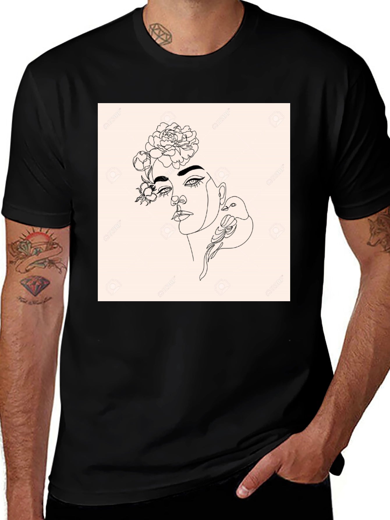 Minimalist Woman & Bird Graphic Black T-Shirt