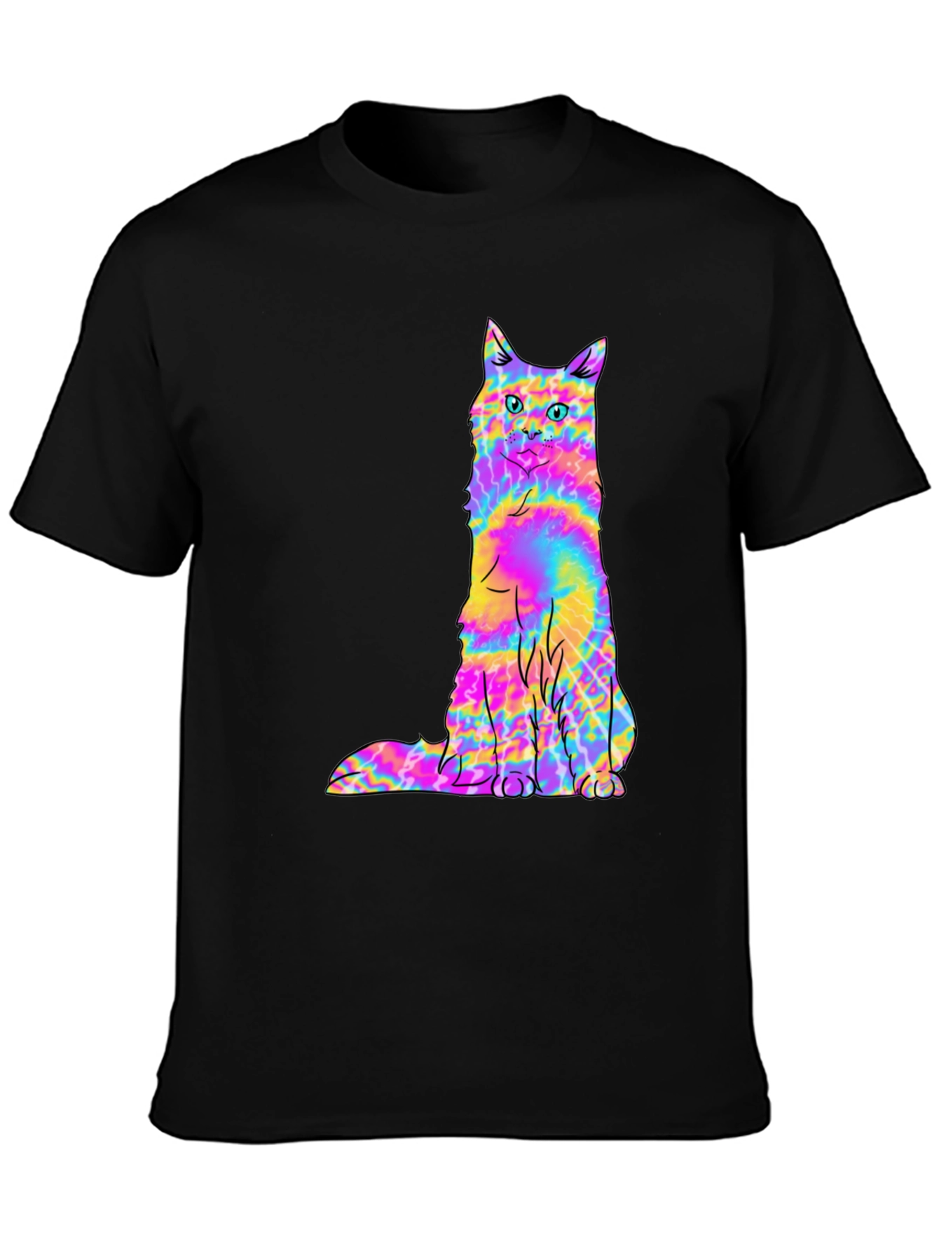 Psychedelic Tie-Dye Cat Graphic Black Tee