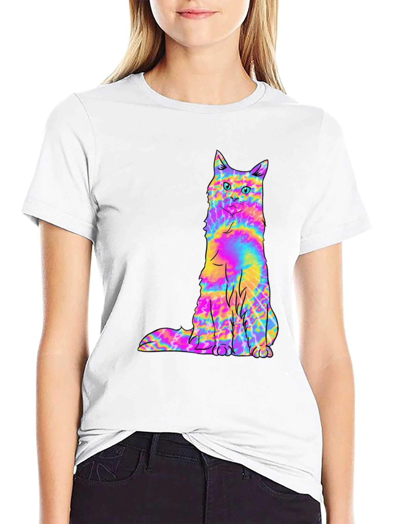 Psychedelic Tie-Dye Cat Graphic Black Tee