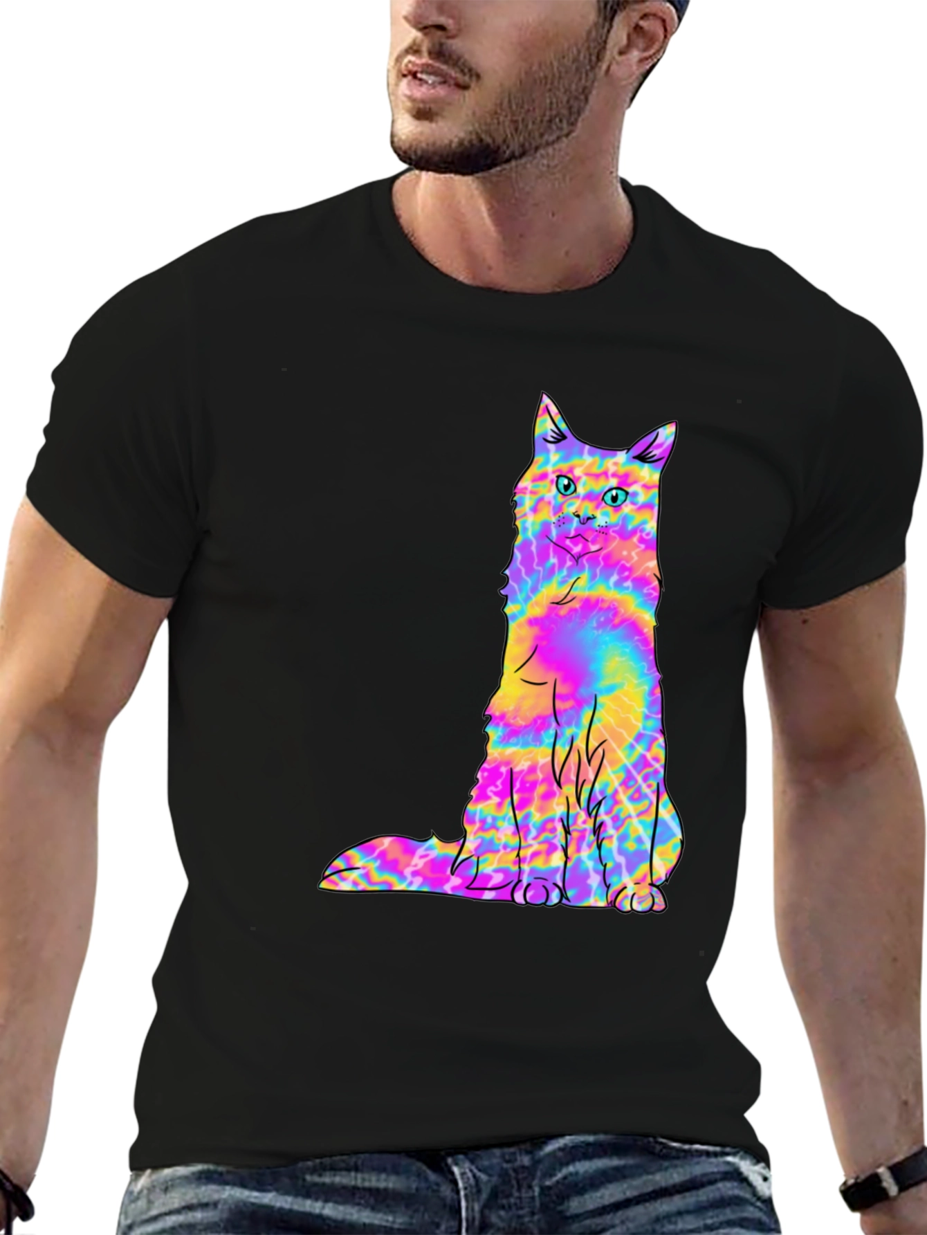 Psychedelic Tie-Dye Cat Graphic Black Tee