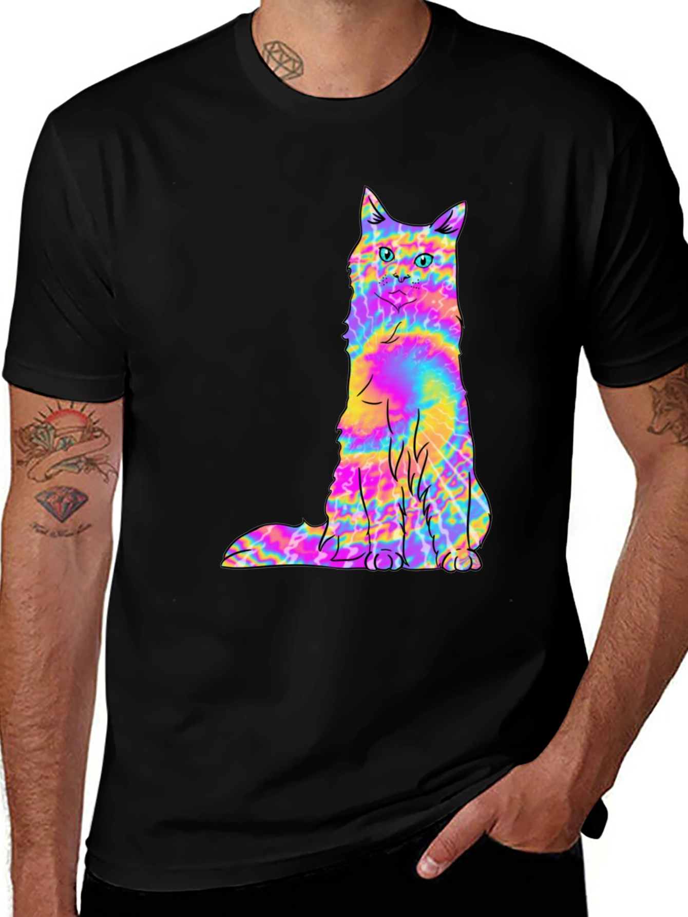 Psychedelic Tie-Dye Cat Graphic Black Tee