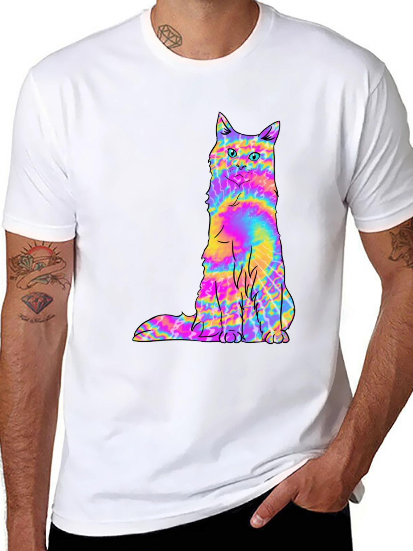 Psychedelic Tie-Dye Cat Graphic Black Tee