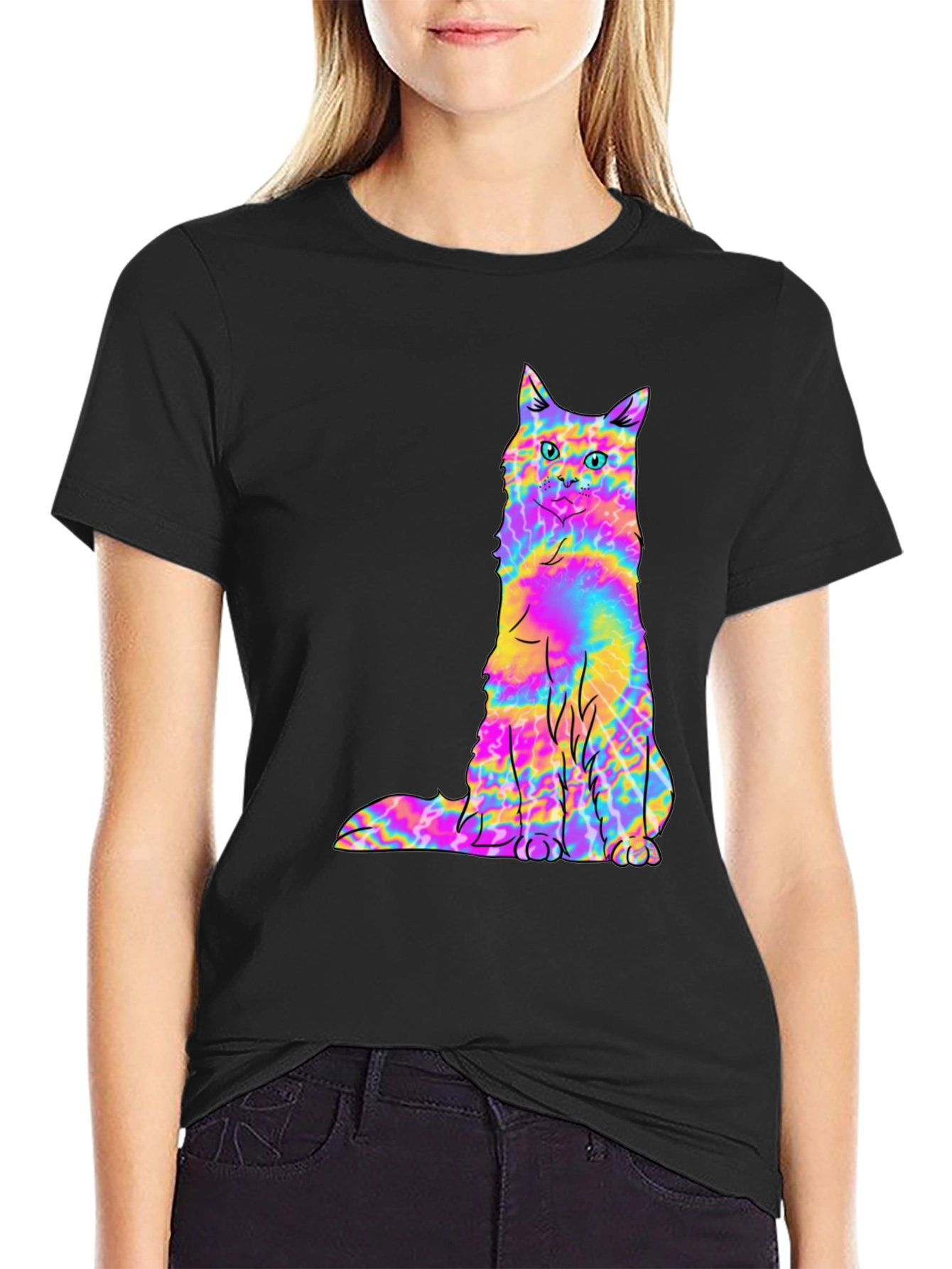Psychedelic Tie-Dye Cat Graphic Black Tee