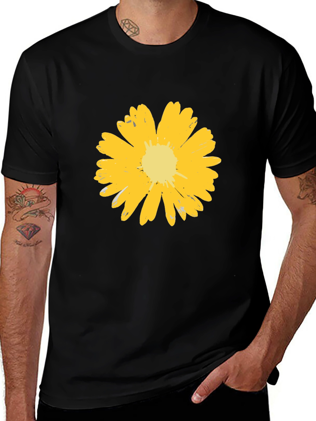 Mens Black T-Shirt with Yellow Flower Graphic