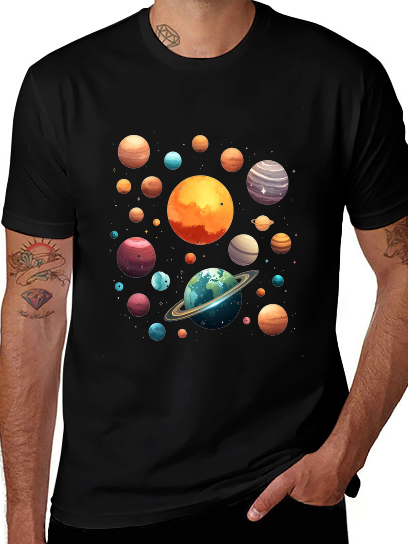 Planets Graphic Print Black T-Shirt