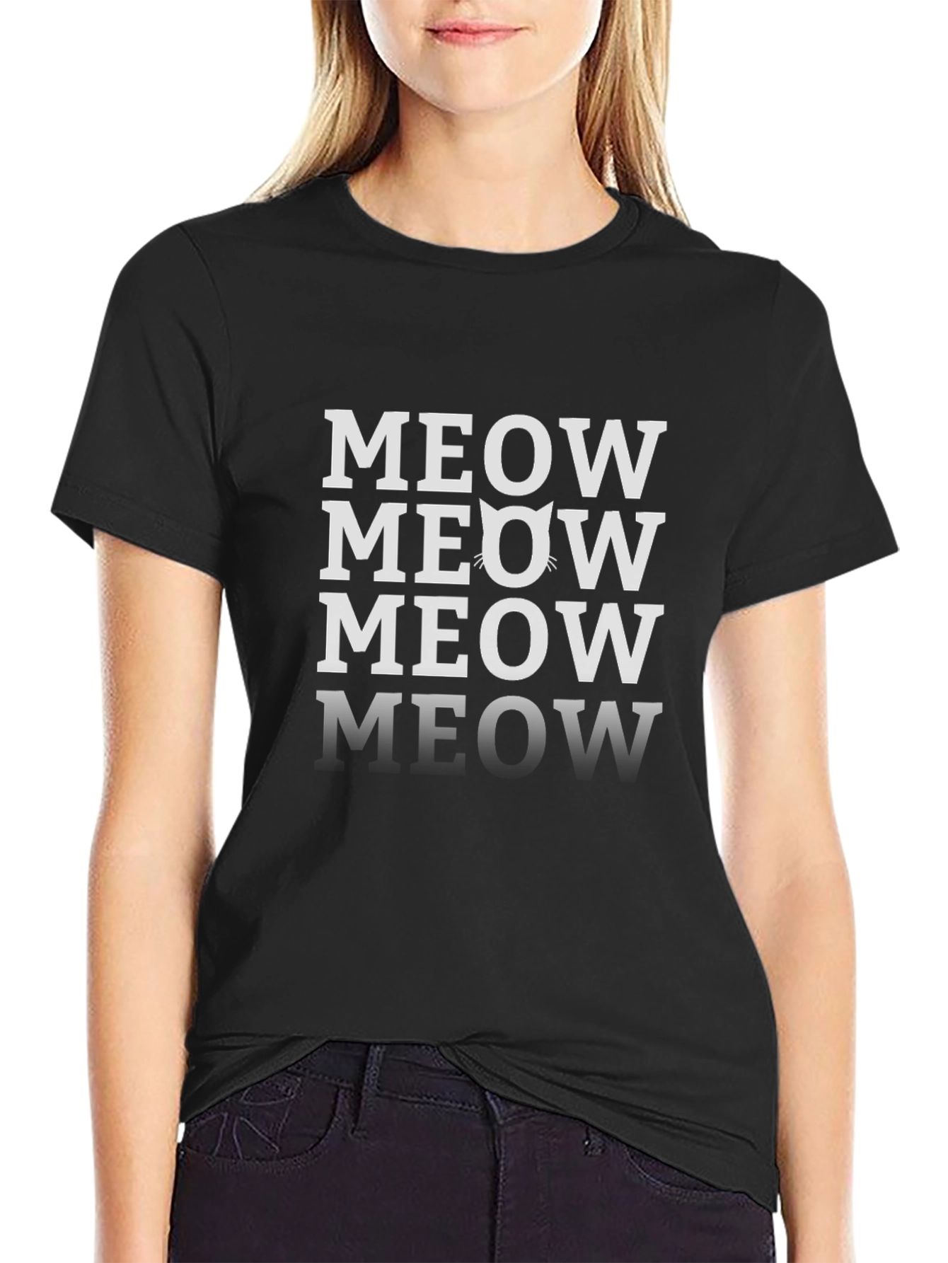 Meow Cat Graphic Tee - Black Casual T-Shirt