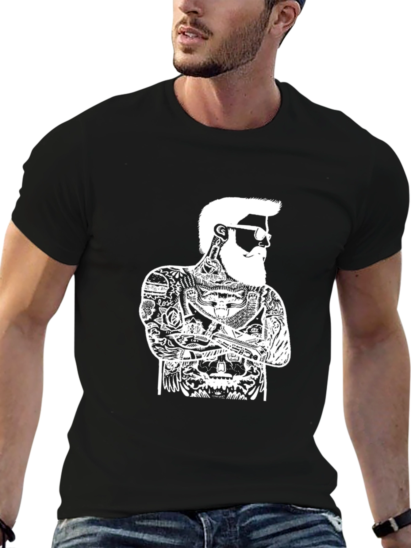 Cool Tattooed Bearded Man Graphic Tee