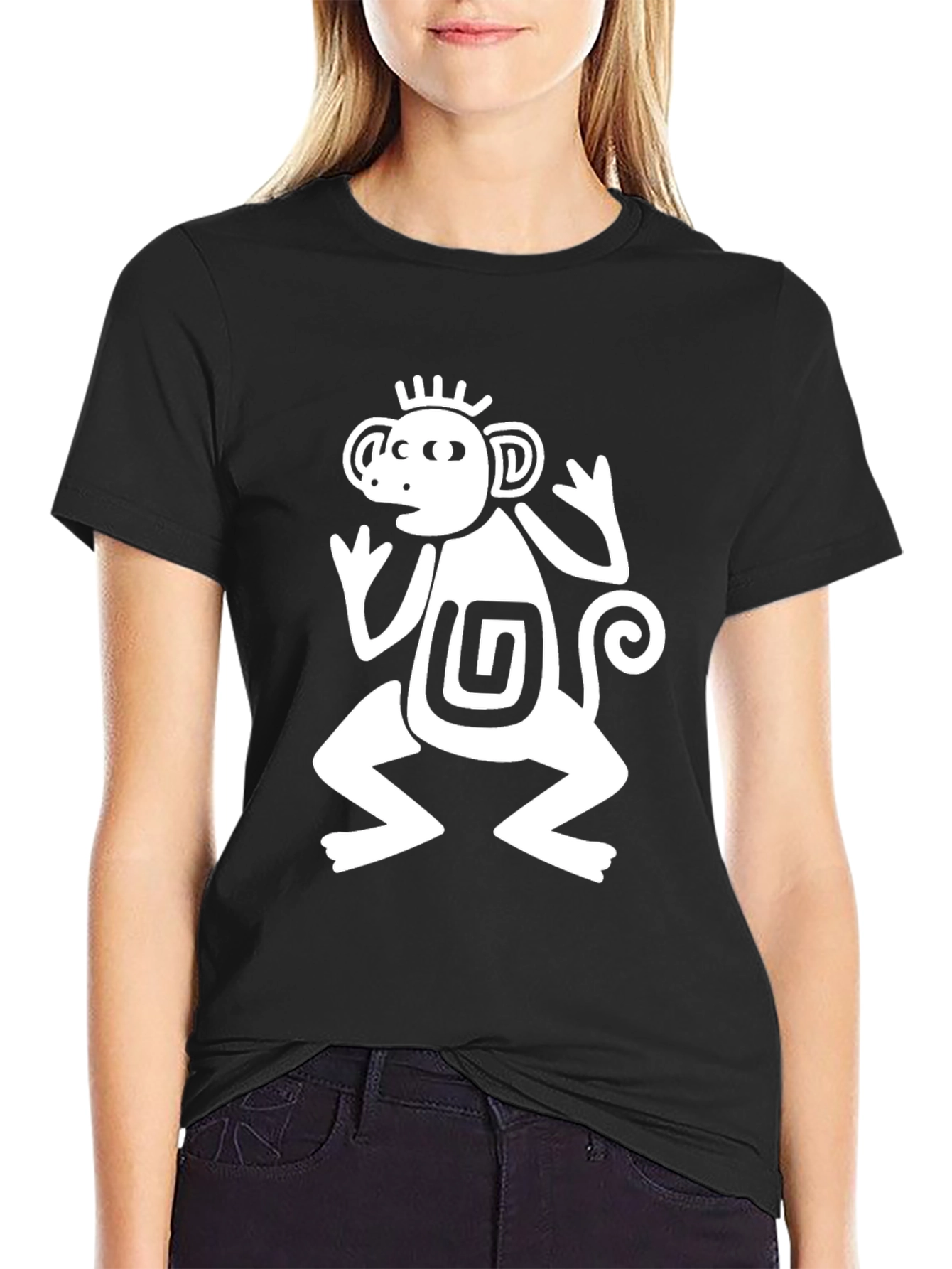 Aztec Monkey Graphic T-Shirt - Black Crew Neck Tee