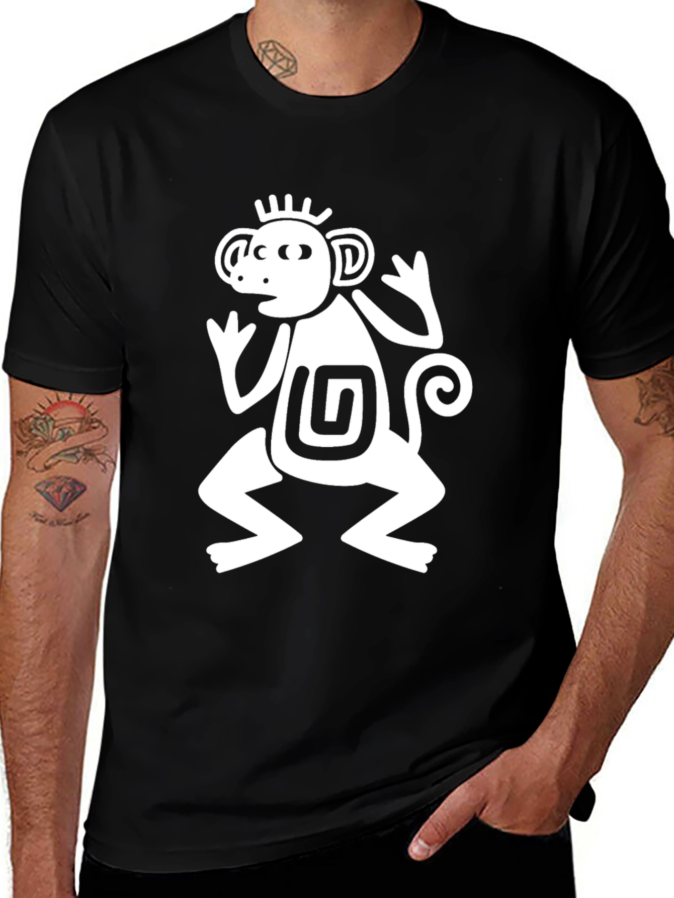 Aztec Monkey Graphic T-Shirt - Black Crew Neck Tee