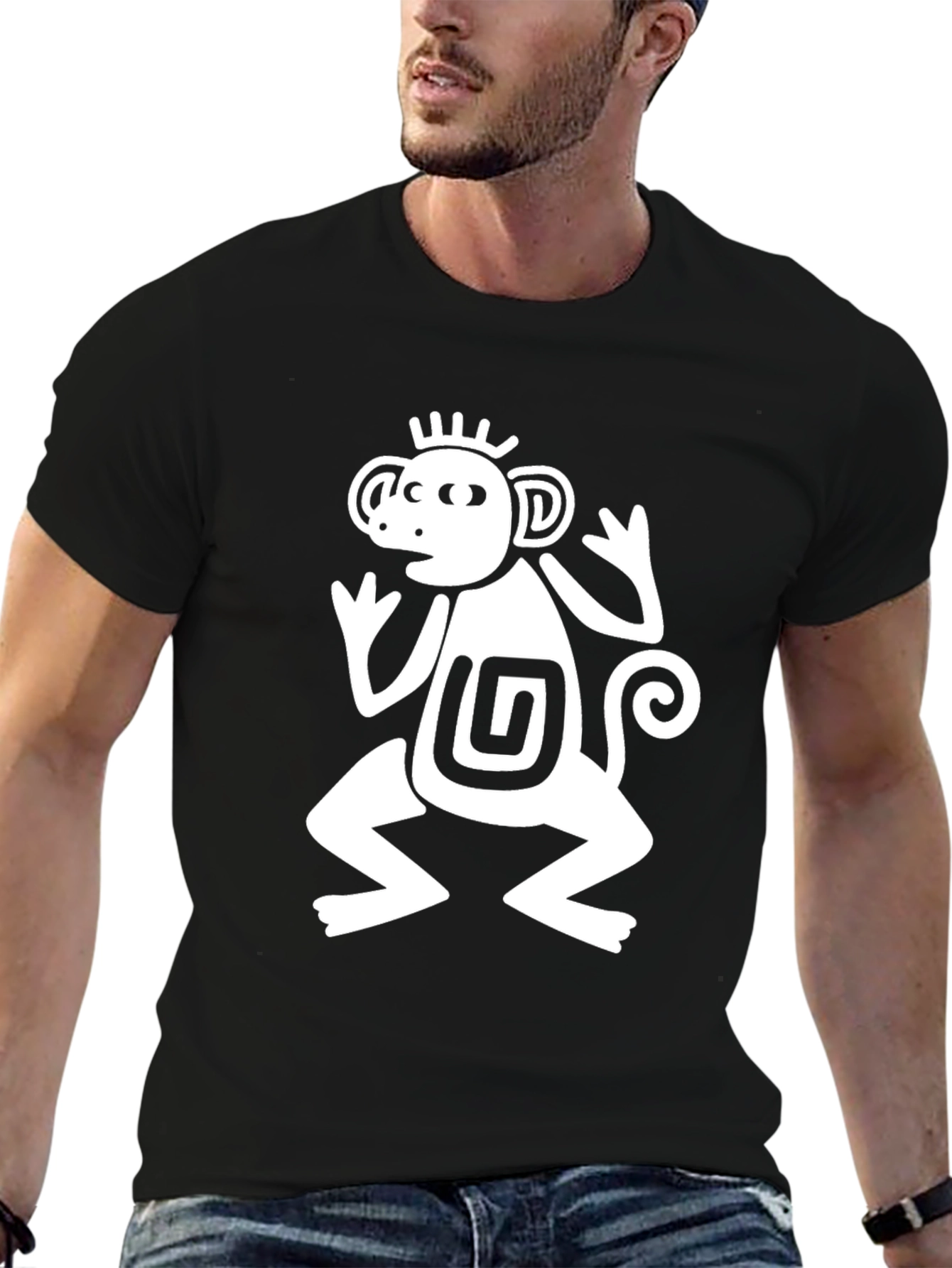 Aztec Monkey Graphic T-Shirt - Black Crew Neck Tee