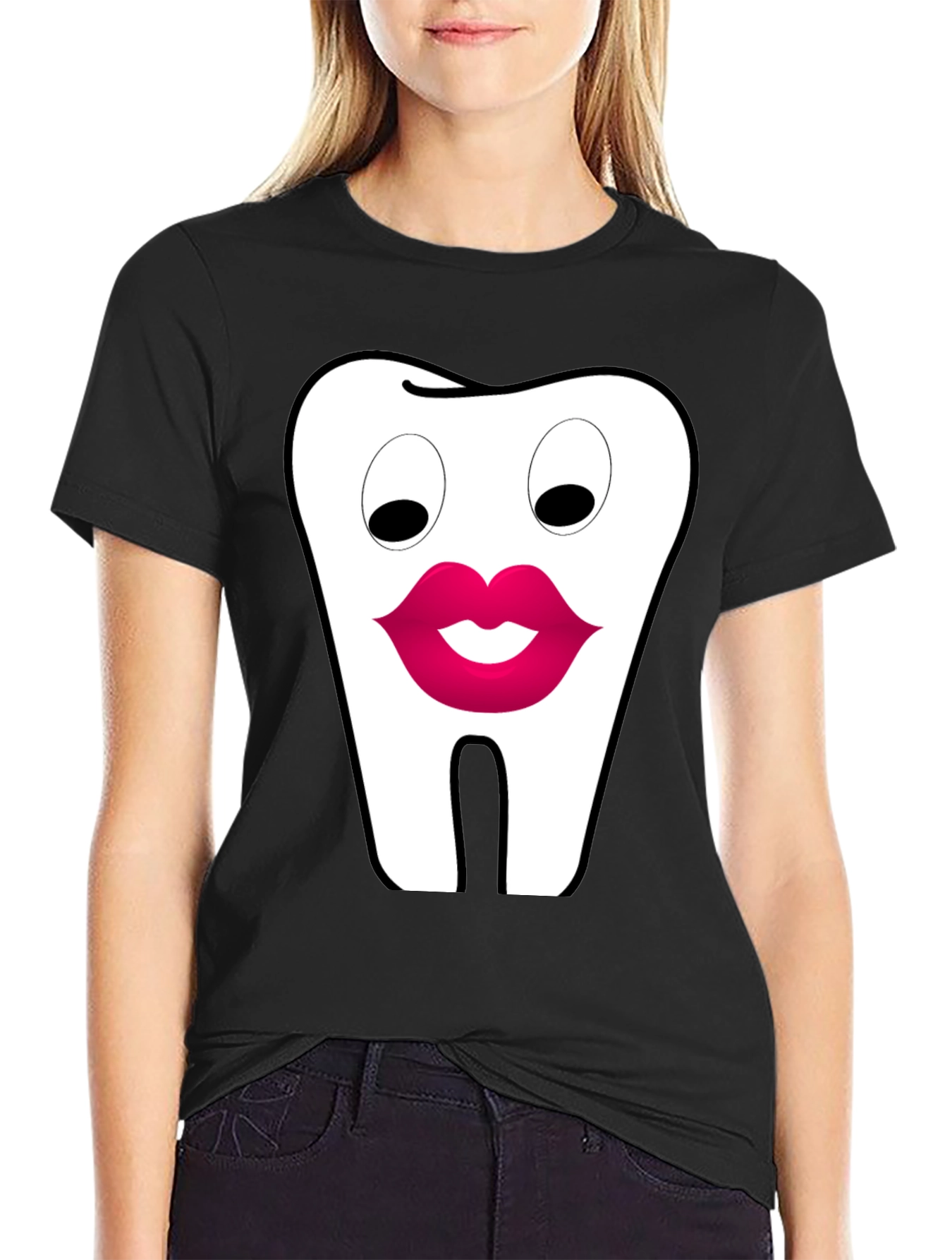 Funny Tooth Lips Graphic Tee - Black Cotton T-Shirt