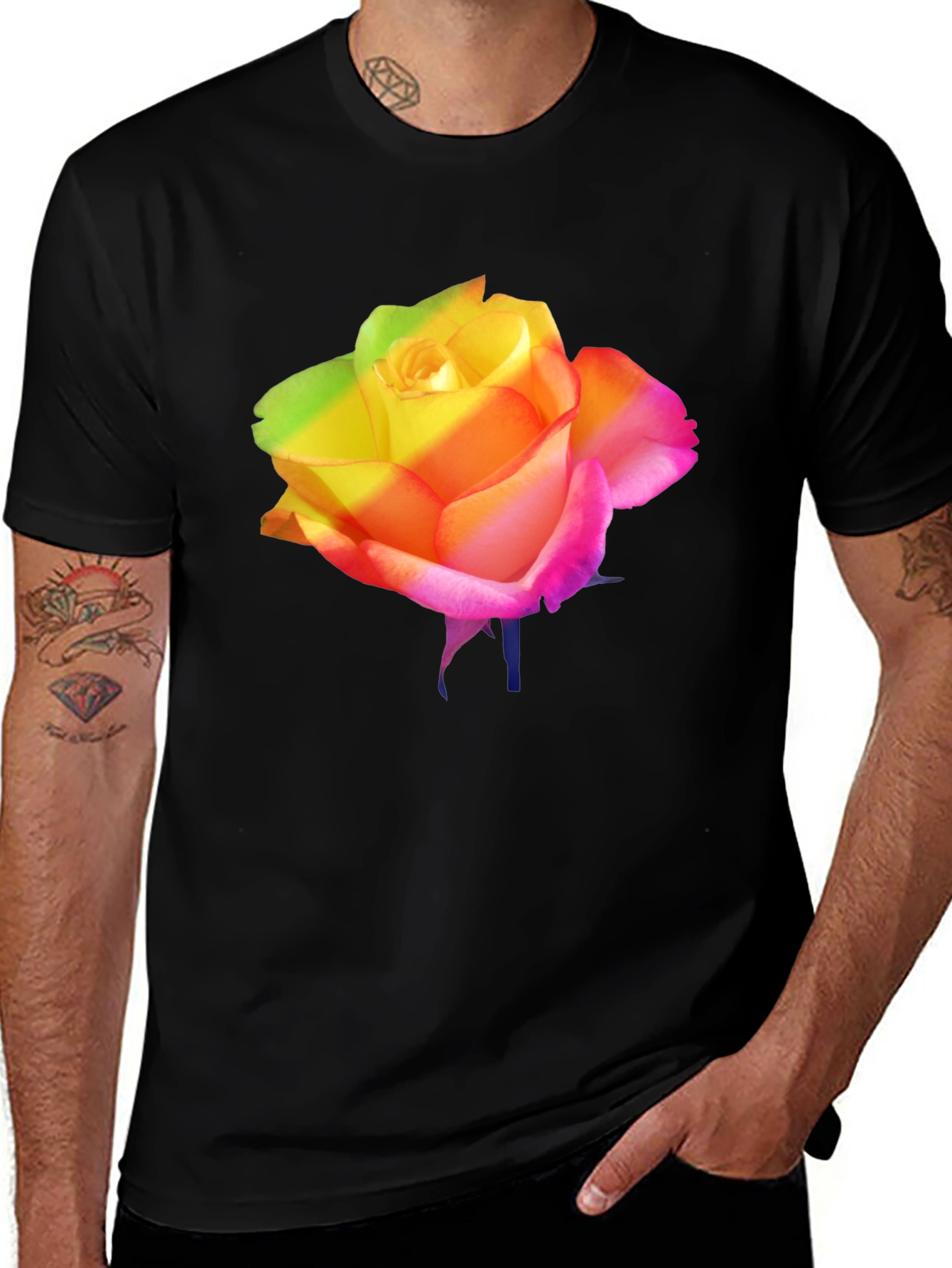 Rainbow Rose Graphic Black T-Shirt