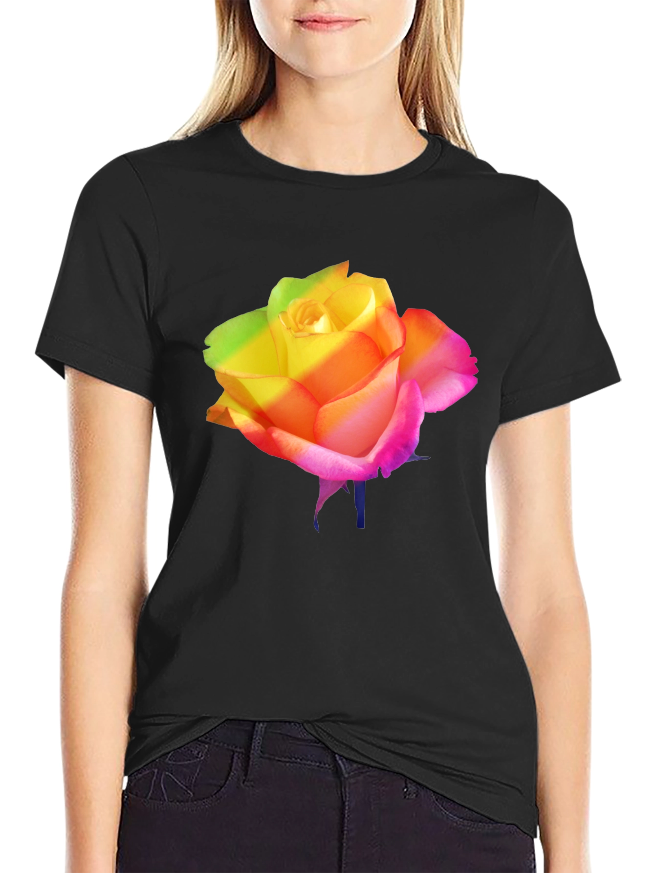 Rainbow Rose Graphic Black T-Shirt
