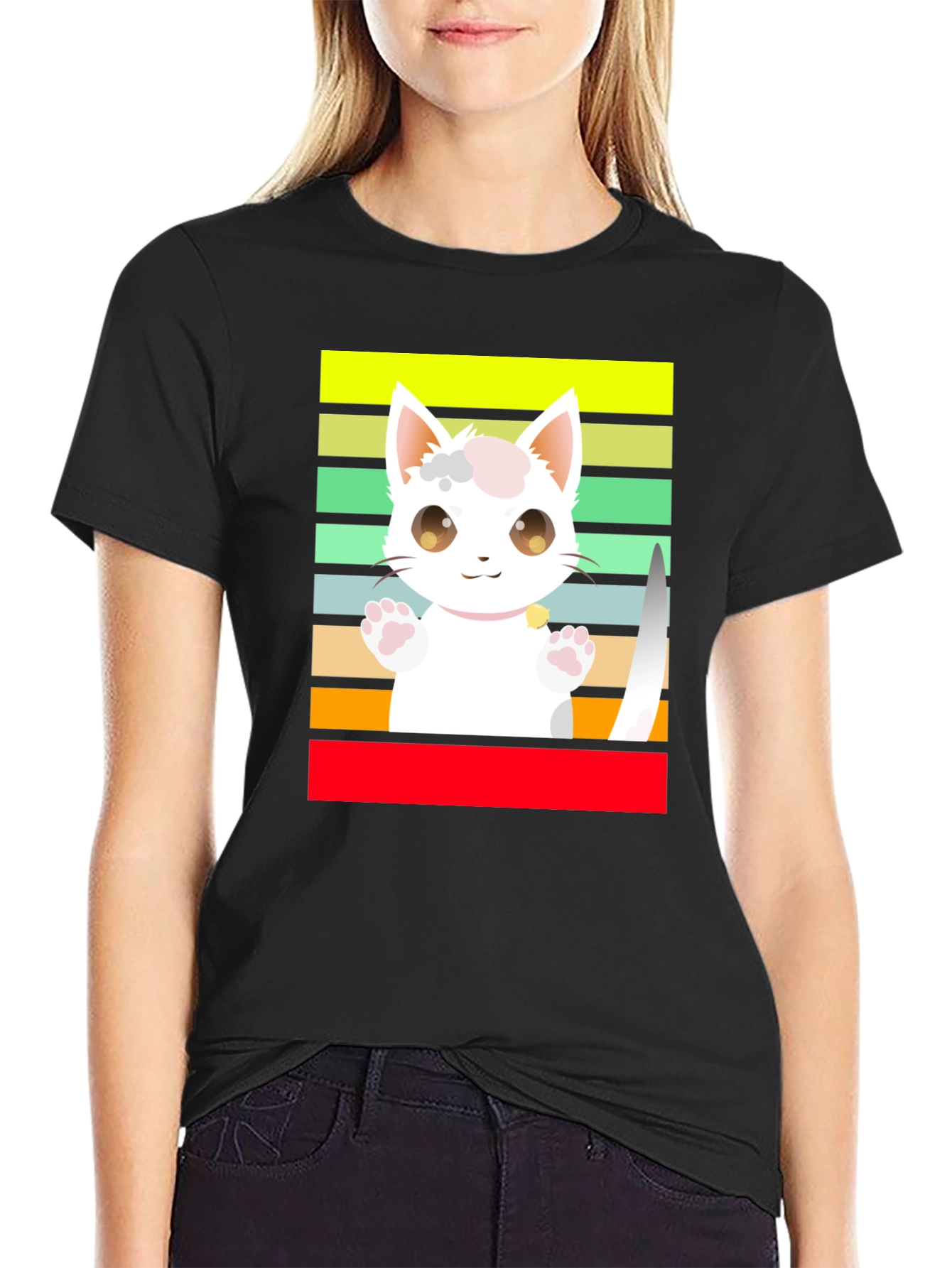 Cute Cartoon Cat Striped T-Shirt