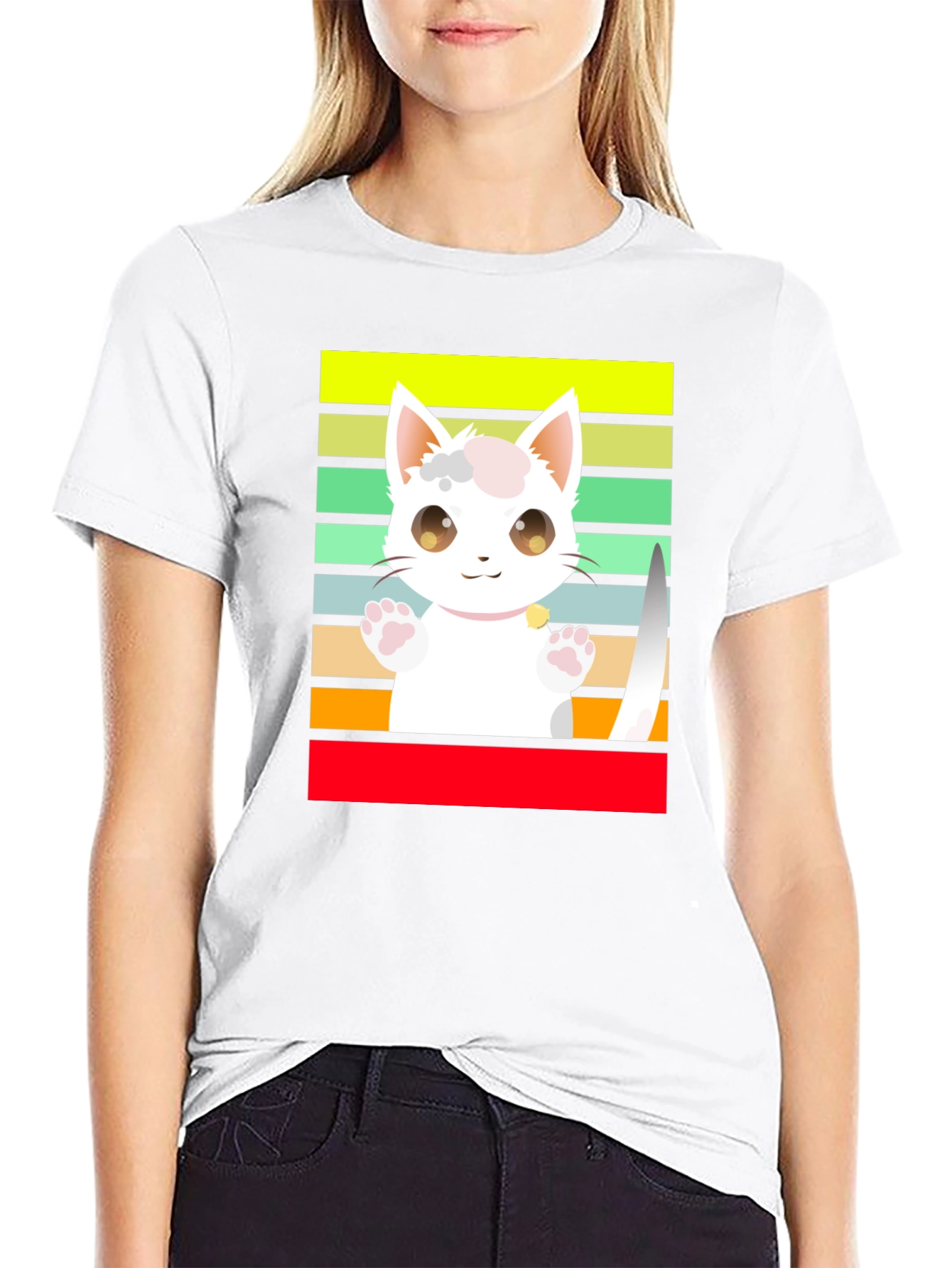 Cute Cartoon Cat Striped T-Shirt