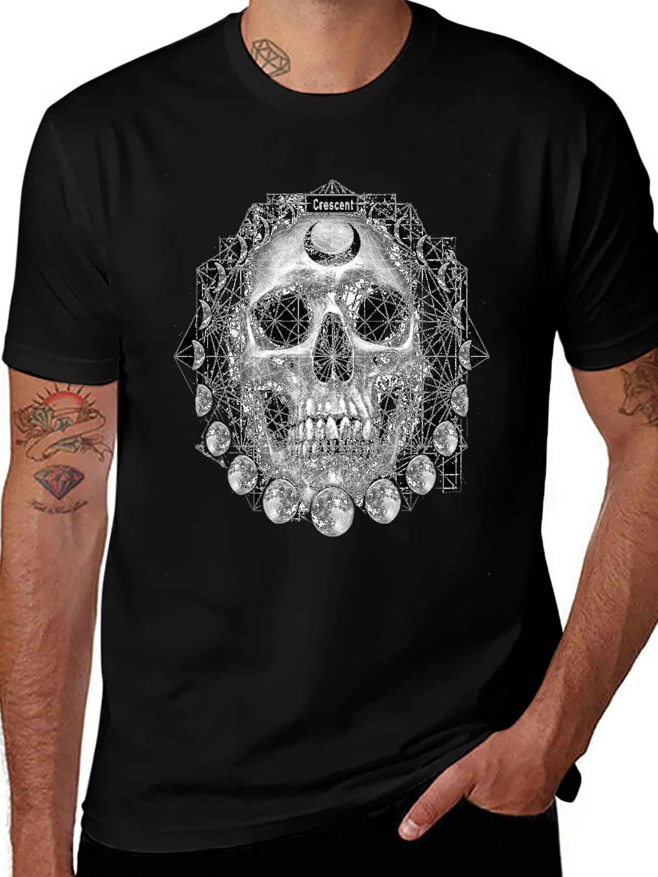 Skull Crescent Moon Phases Graphic Tee - Black