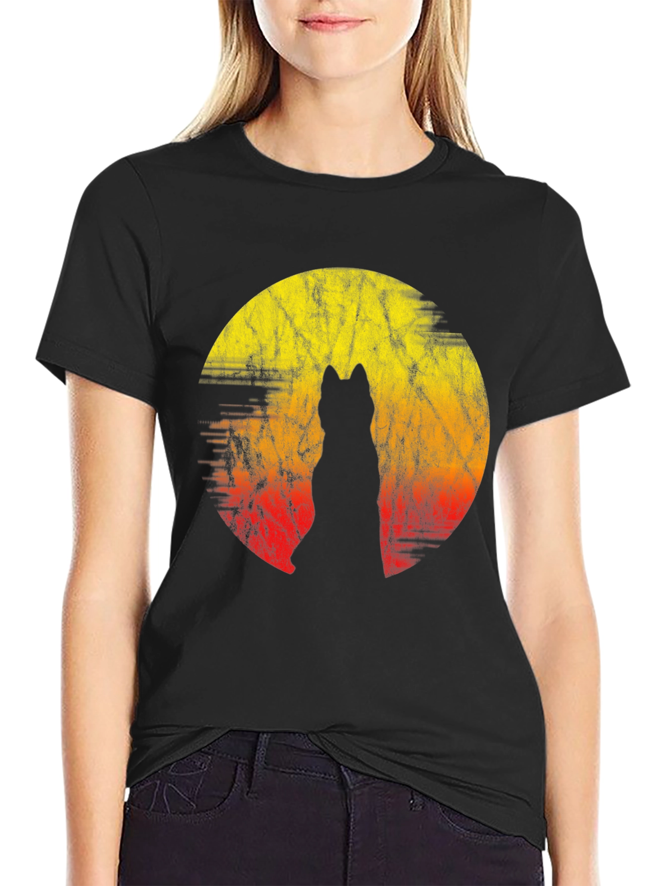 Wolf Silhouette Sunset Graphic Tee - Black